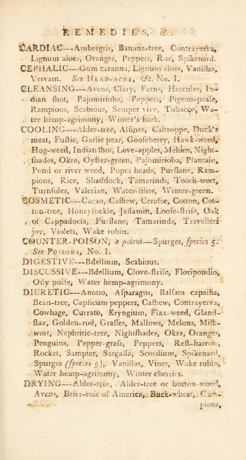 CARDIAC- -Ambergrisj Banana-tree^ Coiitrayerva^ - Lignum aloes, Oranges^ Peppers^ Rue^ Spikenard,, CEPHALIC—Gum'caranna, Lignum aioes, Vaniifej, k^ervain. See PIead-ache, &'c. No, L CLEANSING—-Averis, Clary, Ferns, liercules^ In-* - dian ftiot, Pajornirioba^ Peppers.^ Pigeon-pieafei Rampions, Scabious, Semper vive. Tobacco, Wa- ter hemp-agrimohy, Winter’s bark. COOLING-—Alder-tree, Alfijies,^ Caitroppe, DuclCs meat, Fuitic, Garlic pear, Goofeberry^, Hawk-weed^' Hog-weed, Indian (hot, Love-apples, Melons, NigM- , fliades. Okra, Oyfter-green, Pajomirioba, FJantaie^ Pond or river weed. Popes heads, Purilaric, Ram- pions. Rice, Shaddock, Tamarinds, Tooth-worr^ Turnfoles, Valerian, Water-lilies, Winfcer-gTem. COSMETIC—Cacao, Caihew, Cerafee, Cotton., Cot:- ton-tree. Honeyfuckle, Jeifamin, Loofe-Prife, Oalt < of Cappadocia, Puidlane, Tamarinds, TrawllsrT joy, Violets, Wake robin. COUNTER-POISON^ d potent—Spurges, j^raks 5. See PoisoNs> No. I. DIGESTIVE-—Bdeliiurh, Scabious. DISCUSSIVE—Bdellium, Clove-Ilrife, Floripondloi Oily pulle, Water hemp-agrimony. DIURETIC—Anotto, Afparagus, Balfam capaiBai Bean-tree, Capheum peppers, Cafhew> Contrayei^vaj Cowhage, Currato, Eryngium, Flax-weed, Gland- flax, Golden-rod, GralTes, Mallows, Melons, Milk- , wort. Nephritic-tree, Nightihades, Okra, Oranges^ Penguins, Pepper-grafs, Peppers, Reft-harrow, Rocket, Sampier, SargaiFai Scordium, Spikenard, Spurges 5}, Vanillas, Vines, Wake ro'bin,i Water hemp-agnaiony. Winter cherries. DRY! NG—Al dei-tr ee. Aider-tree or button-woo Avensj^ Brier-role of America, . Buck-wheat, Cxm- |.r.iOtrS,