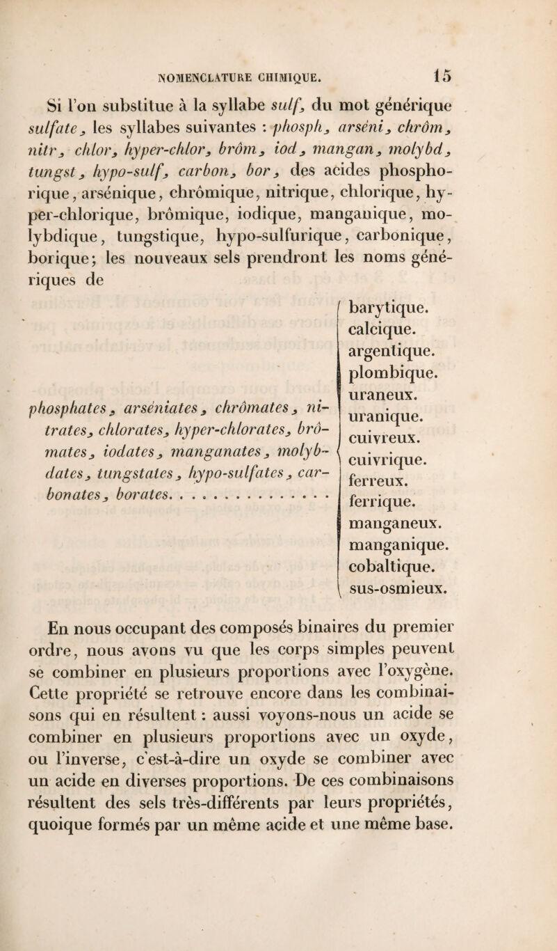 Si l’on substitue à la syllabe suif, du mot générique sulfatej, les syllabes suivantes : phosph^ arsénié chrôm, mtrj, chlor, hyper-chlor, brôrn> iod^ mangan, molybd> t un g st j, hypo-sulf, carbon > bor , des acides phospho- rique, arsénique, chrômique, nitrique, chlorique, hy- per-chlorique, bromique, iodique, mangauique, mo- lybdique, timgs tique, hypo-sulfurique, carbonique, borique; les nouveaux sels prendront les noms géné¬ riques de barytique. calcique. argentique. plombique. uraneux. uranique. cuivreux. cuivrique. ferreux. ferrique. manganeux. manganique. cobaltique. sus-osmieux. phosphates 9 arséniates 3 chromâtes > ni¬ tratesj chlorates> hyper-chlorates> bro¬ nzâtes^ iodatesj manganates, molyb- dates j tungstates ; hypo-sulfaies , car¬ bonates, borates. En nous occupant des composés binaires du premier ordre, nous avons vu que les corps simples peuvent se combiner en plusieurs proportions avec l’oxygène. Cette propriété se retrouve encore dans les combinai¬ sons qui en résultent : aussi voyons-nous un acide se combiner en plusieurs proportions avec un oxyde, ou l’inverse, cest-à-dire un oxyde se combiner avec un acide en diverses proportions. De ces combinaisons résultent des sels très-différents par leurs propriétés, quoique formés par un même acide et une même base.