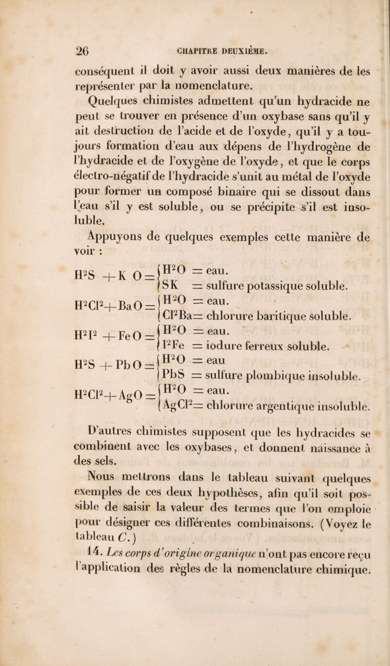 conséquent il doit y avoir aussi deux manières de les représenter par la nomenclature. Quelques chimistes admettent qu’un hydracide ne peut se trouver en présence d’un oxybase sans qu’il y ait destruction de l’acide et de l’oxyde, qu’il y a tou¬ jours formation d’eau aux dépens de l’hydrogène de l’hydracide et de l’oxygène de l’oxyde, et que le corps électro-négatif de l’hydracide s’unit au métal de l’oxyde pour former un composé binaire qui se dissout dans l’eau s’il y est soluble, ou se précipite s’il est inso¬ luble. Appuyons de quelques exemples cette manière de voir : H2 S -b K 0 = H2Cl2-f-BaO = H2I2 -+-FeO = H2 S -b PbO — H2Cl2-bAgO = ( H2 O = eau. (SK = sulfure potassique soluble, j H20 = eau. (Cl2Ba= chlorure baritique soluble. | H20 eau. ! I2l e = iodure ferreux soluble, j H2 O = eau j PbS = sulfure plombique insoluble. H2 O = eau. AgCl2— chlorure argentique insoluble. L) autres chimistes supposent que les hydracides se combinent avec les oxybases, et donnent naissance à des sels. \ Nous mettrons dans le tableau suivant quelques exemples de ces deux hypothèses, afin qu’il soit pos¬ sible de saisir la valeur des ternies que l’on emploie pour désigner ces différentes combinaisons. (Voyez le tableau C. ) 14. Les corps d’origine organique n’ont pas encore reçu l’application des règles de la nomenclature chimique.