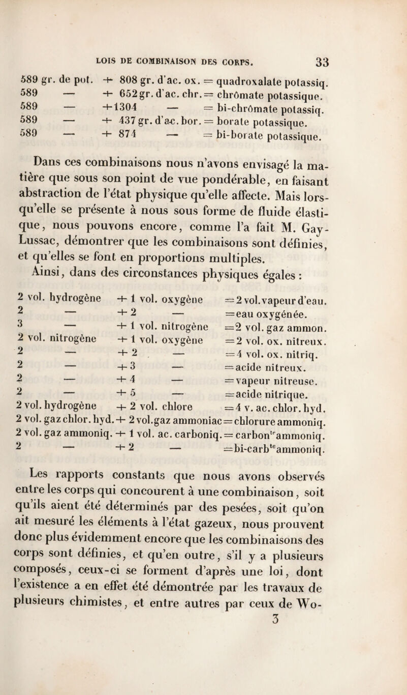 589 gr. de pot. 589 — 589 — 589 — 589 — H- 808 gr. d’ac. ox. = quadroxalate potassiq. 652 gr. d ac. chr. = chrômate potassique. -f-1304 — = bi-chrômate potassiq. ■+• 437 gr. d’a-c. bor. = borate potassique. -h 874 — = bi-borate potassique. Dans ces combinaisons nous n’avons envisagé la ma¬ tière que sous son point de vue pondérable, en faisant abstraction de l’état physique qu’elle affecte. Mais lors¬ qu’elle se présente à nous sous forme de fluide élasti¬ que, nous pouvons encore, comme l’a fait M. Gay- Lussac, démontrer que les combinaisons sont définies, et qu elles se font en proportions multiples. Ainsi, dans des circonstances physiques égales : 2 vol. hydrogène 2 — 3 — 2 vol. nitrogène 2 — 2 — 2 _ 2 — 2 vol. hydrogène 2 vol. gazchlor.hyd. 2 vol. gaz ammoniq. 2 — 1 vol. oxygène 4-2 — 4- 1 vol. nitrogène ■+■ 1 vol. oxygène -h 2 — 4-3 — 4-4 — 4-5 — 4- 2 vol. chlore 4- 2 vol.gaz ammoniac 4- 1 vol. ac. carboniq. 4- 2 - ^ 2 vol.vapeur d’eau. = eau oxygénée. =2 vol. gaz ammon. = 2 vol. ox. nitreux. = 4 vol. ox. nitriq. = acide nitreux. = vapeur nitreuse. = acide nitrique. = 4 v. ac. chlor.hyd. = chlorure ammoniq. = carbontfammoniq. =bi~carbteammoniq. Les rapports constants que nous avons observés entre les corps qui concourent à une combinaison, soit qu’ils aient été déterminés par des pesées, soit qu’on ait mesure les éléments à l’état gazeux, nous prouvent donc plus évidemment encore que les combinaisons des corps sont définies, et qu’en outre, s’il y a plusieurs composés, ceux-ci se forment d’après une loi, dont 1 existence a en effet été démontrée par les travaux de plusieurs chimistes, et entre autres par ceux de Wo- 3