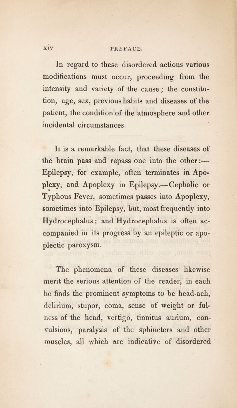 In regard to these disordered actions various modifications must occur, proceeding from the intensity and variety of the cause ; the constitu¬ tion, age, sex, previous habits and diseases of the patient, the condition of the atmosphere and other incidental circumstances. It is a remarkable fact, that these diseases of the brain pass and repass one into the other:—* Epilepsy, for example, often terminates in Apo¬ plexy, and Apoplexy in Epilepsy.—Cephalic or Typhous Fever, sometimes passes into Apoplexy, sometimes into Epilepsy, but, most frequently into Hydrocephalus; and Hydrocephalus is often ac¬ companied in its progress by an epileptic or apo¬ plectic paroxysm. The phenomena of these diseases likewise merit the serious attention of the reader, in each he finds the prominent symptoms to be head-ach, delirium, stupor, coma, sense of weight or ful¬ ness of the head, vertigo, tinnitus aurium, con¬ vulsions, paralysis of the sphincters and other muscles, all which are indicative of disordered