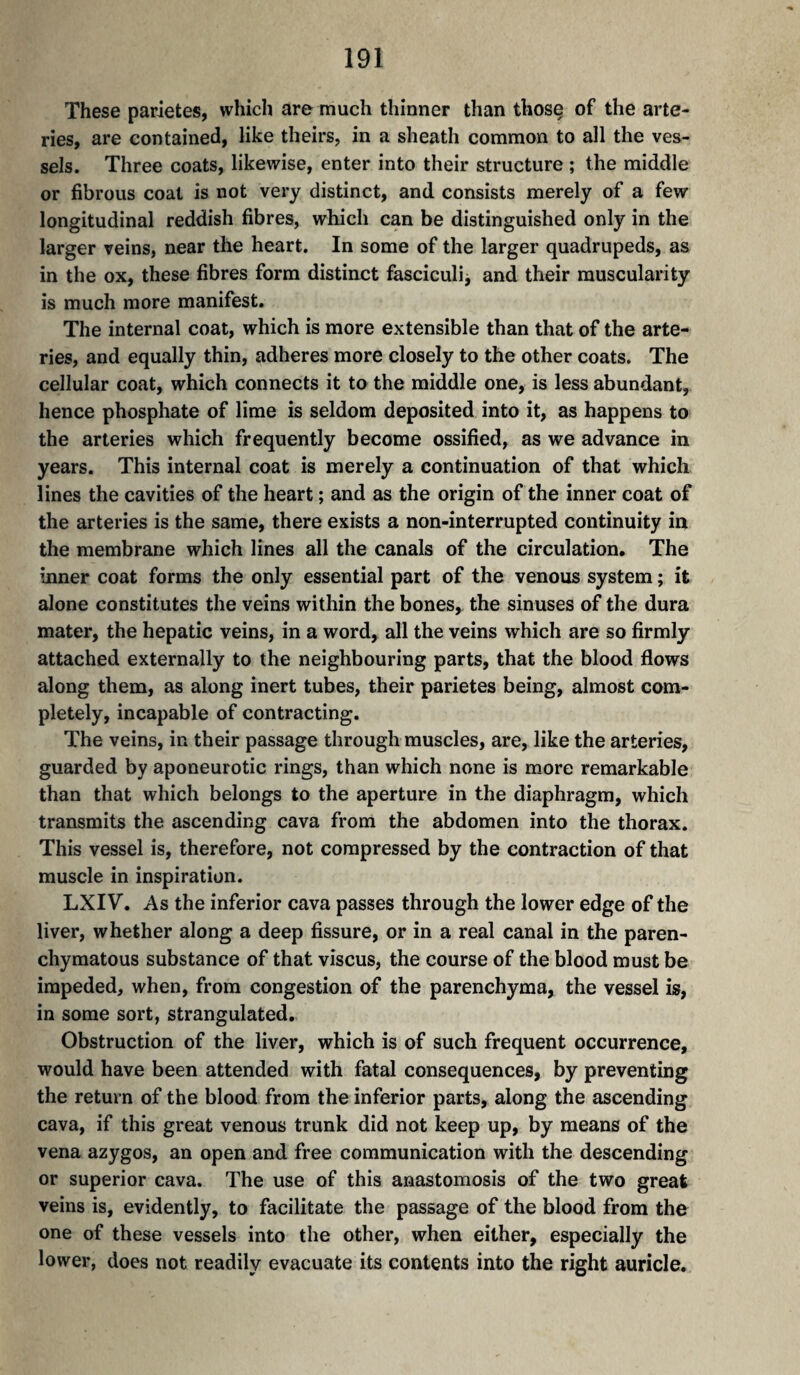 These parietes, which are much thinner than those of the arte¬ ries, are contained, like theirs, in a sheath common to all the ves¬ sels. Three coats, likewise, enter into their structure ; the middle or fibrous coat is not very distinct, and consists merely of a few longitudinal reddish fibres, which can be distinguished only in the larger veins, near the heart. In some of the larger quadrupeds, as in the ox, these fibres form distinct fesciculij and their muscularity is much more manifest. The internal coat, which is more extensible than that of the arte¬ ries, and equally thin, adheres more closely to the other coats. The cellular coat, which connects it to the middle one, is less abundant, hence phosphate of lime is seldom deposited into it, as happens to the arteries which frequently become ossified, as we advance in years. This internal coat is merely a continuation of that which lines the cavities of the heart ; and as the origin of the inner coat of the arteries is the same, there exists a non-interrupted continuity in the membrane which lines all the canals of the circulation. The inner coat forms the only essential part of the venous system ; it alone constitutes the veins within the bones, the sinuses of the dura mater, the hepatic veins, in a word, all the veins which are so firmly attached externally to the neighbouring parts, that the blood flows along them, as along inert tubes, their parietes being, almost com¬ pletely, incapable of contracting. The veins, in their passage through muscles, are, like the arteries, guarded by aponeurotic rings, than which none is more remarkable than that which belongs to the aperture in the diaphragm, which transmits the ascending cava from the abdomen into the thorax. This vessel is, therefore, not compressed by the contraction of that muscle in inspiration. LXIV. As the inferior cava passes through the lower edge of the liver, whether along a deep fissure, or in a real canal in the paren¬ chymatous substance of that viscus, the course of the blood must be impeded, when, from congestion of the parenchyma, the vessel is, in some sort, strangulated. Obstruction of the liver, which is of such frequent occurrence, would have been attended with fatal consequences, by preventing the return of the blood from the inferior parts, along the ascending cava, if this great venous trunk did not keep up, by means of the vena azygos, an open and free communication with the descending or superior cava. The use of this anastomosis of the two great veins is, evidently, to facilitate the passage of the blood from the one of these vessels into the other, when either, especially the lower, does not readily evacuate its contents into the right auricle.