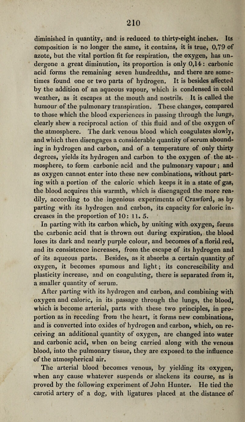 diminished in quantity, and is reduced to thirty-eight inches. Its composition is no longer the same, it contains, it is true, 0,79 of azote, but the vital portion fit for respiration, the oxygen, has un¬ dergone a great diminution, its proportion is only 0,14 : carbonic acid forms the remaining seven hundredths, and there are some¬ times found one or two parts of hydrogen. It is besides affected by the addition of an aqueous vapour, which is condensed in cold weather, as it escapes at the mouth and nostrils. It is called the humour of the pulmonary transpiration. These changes, compared to those which the blood experiences in passing through the lungs, clearly shew a reciprocal action of this fluid and of the oxygen of the atmosphere. The dark venous blood which coagulates slowly, and which then disengages a considerable quantity of serum abound¬ ing in hydrogen and carbon, and of a temperature of only thirty degrees, yields its hydrogen and carbon to the oxygen of the at¬ mosphere, to form carbonic acid and the pulmonary vapour ; and as oxygen cannot enter into these new combinations, without part¬ ing with a portion of the caloric which keeps it in a state of gas, the blood acquires this warmth, which is disengaged the more rea¬ dily, according to the ingenious experiments of Crawford, as by parting with its hydrogen and carbon, its capacity for caloric in¬ creases in the proportion of 10: 11. 5. In parting with its carbon which, by uniting with oxygen, forms the carbonic acid that is thrown out during expiration, the blood loses its dark and nearly purple colour, and becomes of a florid red, and its consistence increases, from the escape of its hydrogen and of its aqueous parts. Besides, as it absorbs a certain quantity of oxygen, it becomes spumous and light ; its concrescibility and plasticity increase, and on coagulating, there is separated from it, a smaller quantity of serum. After parting with its hydrogen and carbon, and combining with oxygen and caloric, in its. passage through the lungs, the blood, which is become arterial, parts with these two principles, in pro¬ portion as in receding from the heart, it forms new combinations, and is converted into oxides of hydrogen and carbon, which, on re¬ ceiving an additional quantity of oxygen, are changed into water and carbonic acid, when on being carried along with the venous blood, into the pulmonary tissue, they are exposed to the influence of the atmospherical air. The arterial blood becomes venous, by yielding its oxygen, when any cause whatever suspends or slackens its course, as is proved by the following experiment of John Hunter. He tied the carotid artery of a dog, with ligatures placed at the distance of