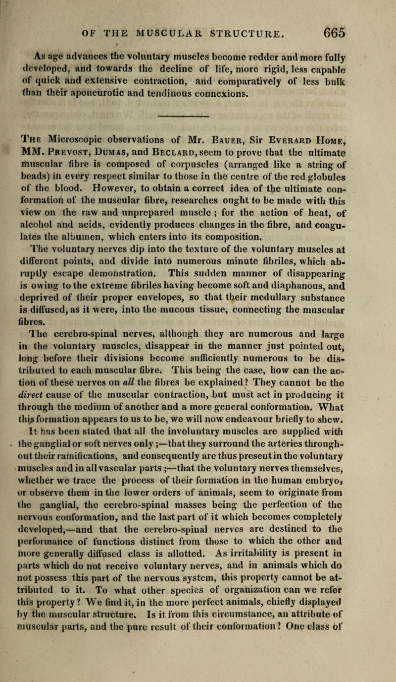 As age advances the voluntary muscles become redder and more fully developed, and towards the decline of life, more rigid, less capable of quick and extensive contraction, and comparatively of less bulk than their aponeurotic and tendinous connexions. Thr Microscopic observations of Mr. Bauer, Sir Everard Home, MM. Prévost, Dumas, and BECLARD,seem to prove that the ultimate muscular fibre is composed of corpuscles (arranged like a string of beads) in every respect similar to those in the centre of the red globules of the blood. However, to obtain a correct idea of the ultimate con¬ formation of the muscular fibre, researches ought to be made with this view on the raw and unprepared muscle ; for the action of heat, of alcohol and acids, evidently produces changes in the fibre, and coagu¬ lates the albumen, which enters into its composition. The voluntary nerves dip into the texture of the voluntary muscles at different points, and divide into numerous minute fibriles, which ab¬ ruptly escape demonstration. This sudden manner of disappearing is owing to the extreme fibriles having become soft and diaphanous, and deprived of their proper envelopes, so that their medullary substance is diffused, as it were, into the mucous tissue, connecting the muscular fibres. The cerebro-spinal nerves, although they are numerous and large in the voluntary muscles, disappear in the manner just pointed out, long before their divisions become suflBciently numerous to be dis¬ tributed to each muscular fibre. This being the case, how can the ac¬ tion of these nerves on all the fibres be explained? They cannot be the direct cause of the muscular contraction, but must act in producing it through the medium of another and a more general conformation. What thi^ formation appears to us to be, we will now endeavour briefly to shew. It has been stated that all the involuntary muscles are supplied with . the ganglial or soft nerves only that they surround the arteries through¬ out their ramifications, and consequently are thus present in the voluntary muscles and in all vascular parts ;—that the voluntary nerves themselves, whether we trace the process of their formation in the human embryo, or observe them in the lower orders of animals, seem to originate from the ganglial, the cerebro-spinal masses being the perfection of the nervous conformation, and the last part of it which becomes completely developed,—and that the cerebro-spinal nerves are destined to the performance of functions distinct from those to which the other and more generally diffused class is allotted. As irritability is present in parts which do not receive voluntary nerves, and in animals which do not possess this part of the nervous system, this property cannot be at¬ tributed to it. To what other species of organization can we refer this property? W'e find it, in the more perfect animals, chiefly displayed by the muscular structure. Is it from this circumstance, an attribute of muscular parts, and the pure result of their eonfoi mation ? One class of