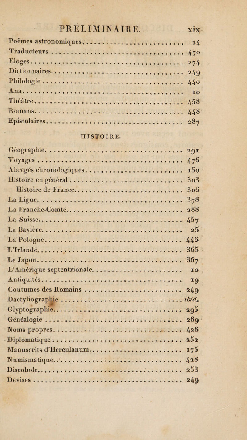 Poèmes astronomiques. Traducteurs .. Eloges. Dictionnaires. Philologie. Ana..... Théâtre. Romans. Epistolaires. HISTOIRE. Géographie... Voyages. Abrégés chronologiques. Histoire en général. Histoire de France. La Ligue. La Franche-Comté. La Suisse. La Bavière. La Pologne. L’Irlande. Le Japon... L’Amérique septentrionale. Antiquités. Coutumes des Romains.. Dactyliographie. Glyptographie. Généalogie. Noms propres. Diplomatique. Manuscrits d’Herculanum.. Numismatique. .. Discobole.. Devises. a 4 47° 274 249 44o 10 458 448 287 201 476 i5o 3o3 3o6 378 288 457 25 44s 365 367 10 *9 249 ibid• 295 289 428 262 175 428 253 249