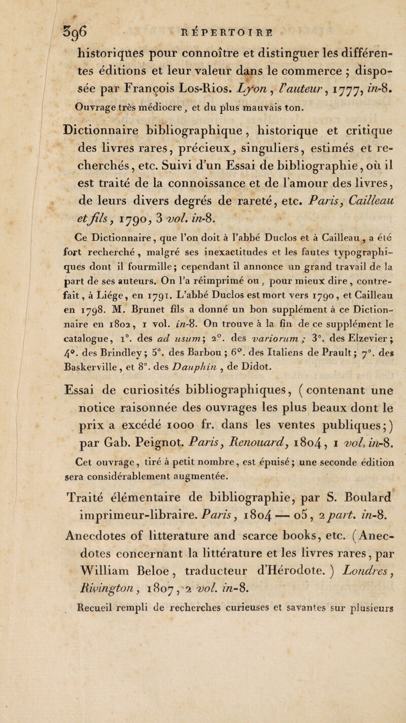 3g6 RÉPERTOIRE historiques pour connoître et distinguer les différen¬ tes éditions et leur valeur dans le commerce ; dispo¬ sée par François Los-Rios. Lyon, Vauteur, 1777? in-8. Ouvrage très médiocre, et du plus mauvais ton. Dictionnaire bibliographique, historique et critique des livres rares, précieux, singuliers, estimés et re¬ cherchés , etc. Suivi d’un Essai de bibliographie, où il est traité de la connoissance et de l’amour des livres, de leurs divers degrés de rareté, etc. Paris, Cailleau et fils, 1790, 3 vol. in-8. Ce Dictionnaire, que l’on doit à l’abbé Duclos et à Cailleau , a été fort recherché , malgré ses inexactitudes et les fautes typographi¬ ques dont il fourmille ; cependant il annonce un grand travail de la part de ses auteurs. On l’a réimprimé ou, pour mieux dire, contre¬ fait , à Liège, en 1791. L’abbé Duclos est mort vers 1790, et Cailleau en 1798. M. Brunet fils a donné un bon supplément à ce Diction¬ naire en 1802, 1 vol. in-8. On trouve à la fin de ce supplément le catalogue, i°. des acl usum; 20. des variorum ; 3°. des Elzevier ; 4®. des Brindley; 5°. des Barbou ; 6P. des Italiens de Prault ; 70. des Baskerville, et 8°. des Dauphin , de Didot. Essai de curiosités bibliographiques, ( contenant une notice raisonnée des ouvrages les plus beaux dont le prix a excédé 1000 fr. dans les ventes publiques;) par Gab. Peignot. Paris, Renouard, 1804, * voUin-8. Cet ouvrage, tiré à petit nombre, est épuisé ; une seconde édition sera considérablement augmentée. Traité élémentaire de bibliographie, par S. Boulard imprimeur-libraire. Paris, 1804 — o5, 2 part. in-8. Anecdotes of littérature and scarce books, etc. (Anec¬ dotes concernant la littérature et les livres rares, par William Beloe, traducteur d’Hérodote.) Londres, Riçington, 1807, 2 vol. in-8. Recueil rempli de recherches curieuses et savantes sur plusieurs