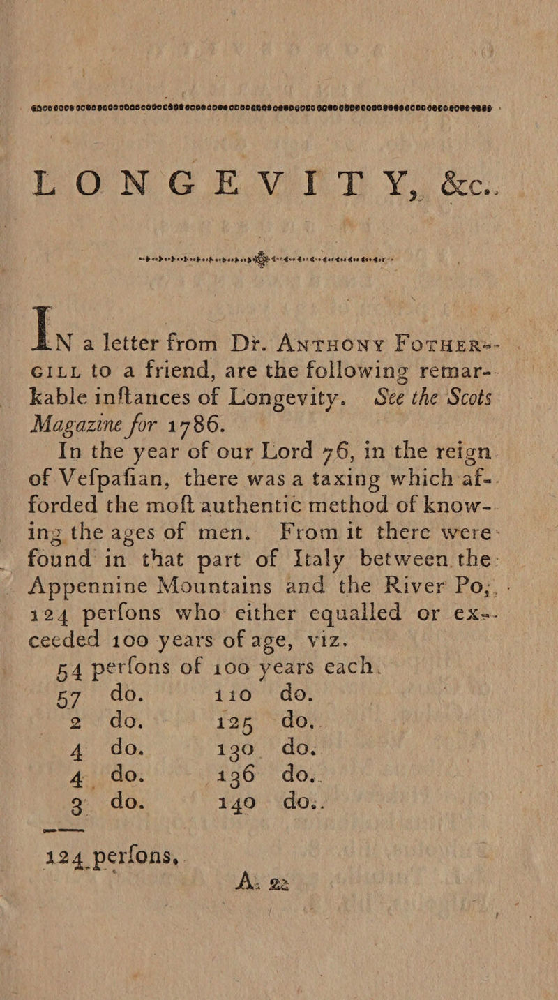 ENCO COG COOP OEOd NbAdeOSOCaDs Ecos COME CdaSARescaEDaoES OONG COpe toes eeseCcODdeCoRDwLeEeD + LON 4G Ew tT Y,, &amp;.. ac peodorPooh sadbeck rbeod ead RH Or deo Sr1 Sun Qodgos oo gorgor&gt; Ix a letter from Dr. ANTHONY FoTHER=- . Giut to a friend, are the following remar- kable inftances of Longevity. See the Scots Magazine for 1786. In the year of our Lord 76, in the reign of Vefpafian, there was a taxing which af-. forded the moft authentic method of know-. - ing the ages of men. Fromit there were- _ found in that part of Italy between the: _ Appennine Mountains and the River Po,, . 124 perfons who either equalled or ex-- ceeded 100 years of age, viz. 64 perfons of 100 years each. 57 O. 110. do. 2 do. 195° doy. 4 do. 130 «do. 4 do. 136 do.. 9 do. 140 dox. 124 perfons,.