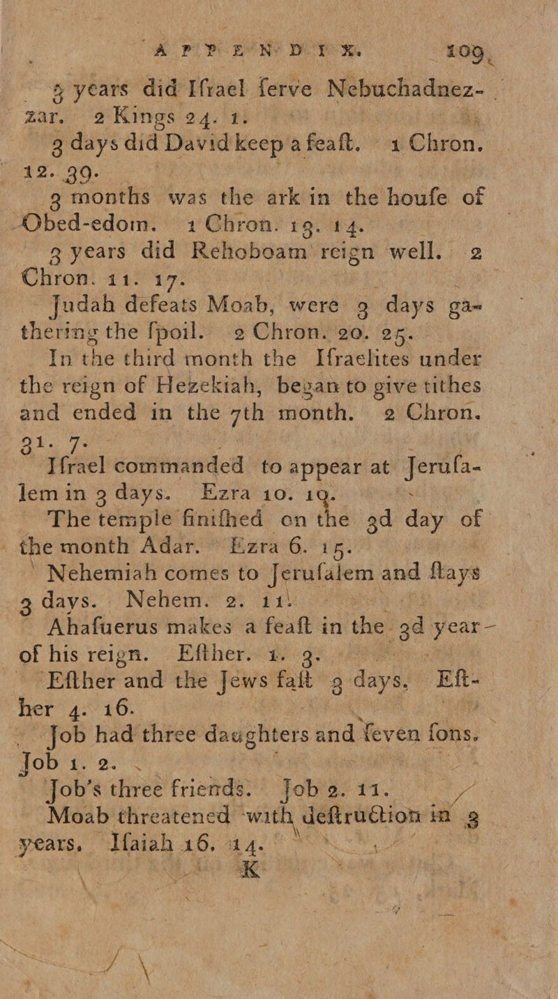 = years did Ifrael ferve Nebuchadnez- i mar, 2 Kings 24. 1. 3 days did David keep afeaft. 4 Cheon | 12. 30. 3g months was the ark in the houfe of ‘Obed-edom. 1 Chron. 1g. 14. g years did Rehoboam reign well. 2 Chron. 11. 17. | Judah defeats Moab, were 9 days gam thering the [poil. 2 Ghrank 20. 25. In the third month the Ifraelites under the reign of Hezekiah, began to give tithes and ended in the ath morth. 2 Chron. ris : 4 ificel commanded to appear at kiting lemin 9 days. Ezra io. 1 The temple finifhed ont fide ad day of the month Adar. © Ezra 6. Le ‘ Nehemiah comes to sd eaateny: and flays days. Nehem. 2. 11! * Ahafuerus makes a feaft in the ad year- of his reign. Efther. 1. 9. ) geo and the Jews i 2 days Eft-— her 4 ob ae three dauighters and’ feven fons. : Job ae ea Job’s three friends. sons. 11. Me Moab gaa Hes &gt; ena ms ing years, eah on Sivlias? 'K \