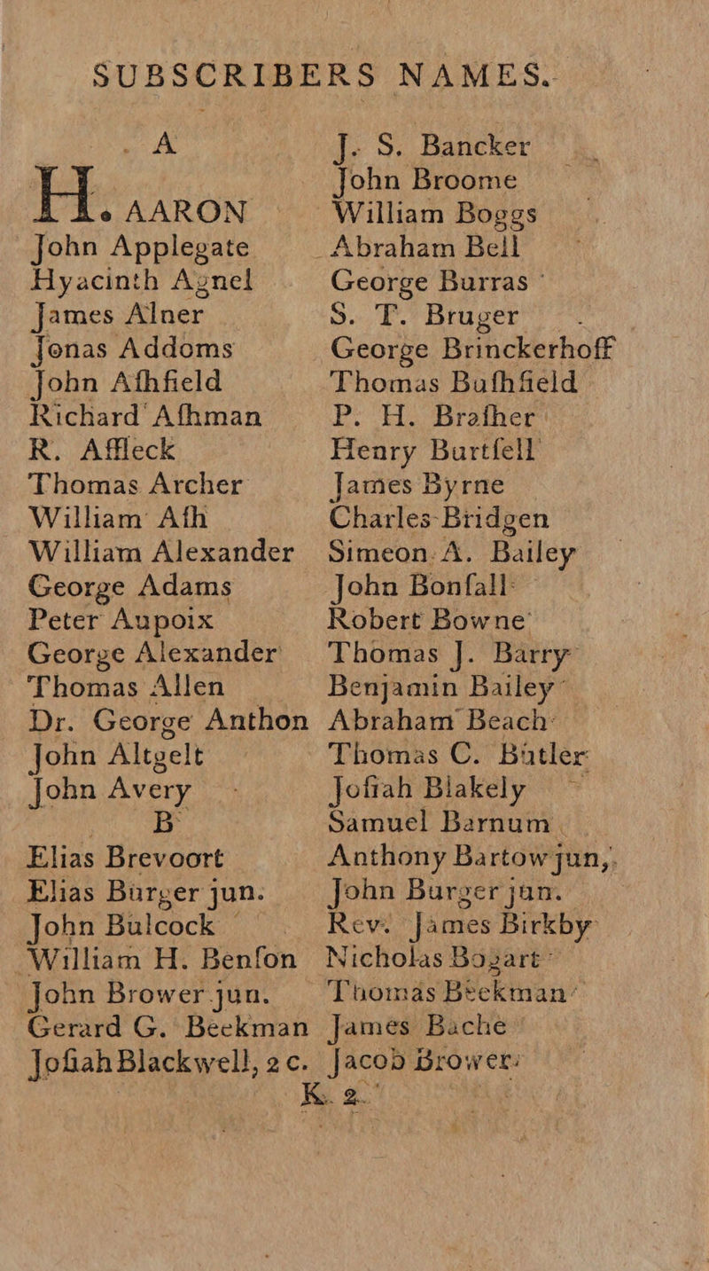 H. AARON John Applegate Hyacinth Agnel james Alner jonas Addoms John Afhfield Richard Afhman R. Affleck Thomas Archer William’ Afh William Alexander George Adams Peter Aupoix George Alexander Thomas Allen Dr. George Anthon John Altgelt John Avery B Elias Brevoort Elias Burger jun. John Bulcock © William H. Benfon john Brower jun. ohn Broome George Burras © Ss. T. Bruger _ George Brinckerhoff Thomas Buthfield P. H. Brafher | Heary Buartfell James Byrne Charles Biidgen Simeon. A. Bailey John Bonfall: ~ Robert Bowne’ Benjamin Bailey’ Abraham Beach: Thomas C. Butler: Jofiah Blakely | Samuel Barnum. Anthony Bartowjun,. John Burger jun. Rev. James Birkby Nicholas Bogart’ Jofiah Blackwell, 2c. Jacob Brow ers