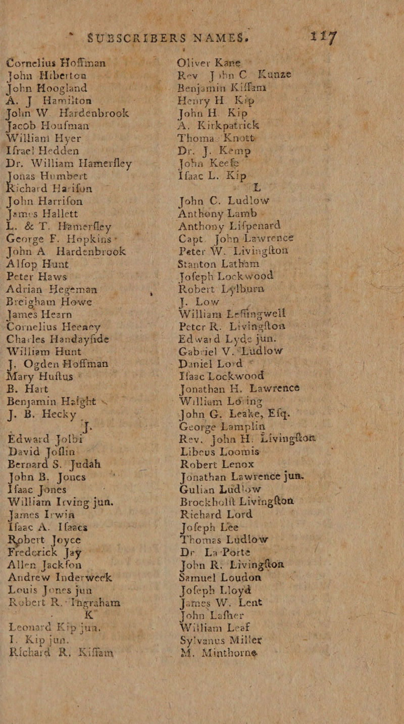 ~ a John Hiberton 94%. Joy Hoogland Hamiiton | ° ie W. Hardenbrook Jacob Houfman Williani Hyer Ifrae! Hedden Dr. William Hamerfley ea Humbert ichard Harifun John Harrifon Jemes Hallett L. &amp; T. Hamerfley George F. Hepkins* John A Hardenbrook Alfop Hunt Peter Haws Adrian Hegeman Breigham Howe James Hearn Cornelius Heeaey Charles Handayfide William Bunt Fy Ogden Hoffman fary Huitus ° B. Hart : gt eae Hafeht . J. B » Hecky _ ae Edward Joie David Joflin - Bernard S. Judah i B. Jones faac Jones William Irving jun. James Irwia Tiaac A: Ifaees bert Joyce = ae 14 Allen Jackfon Andrew Inderweek Louis Jones jun Robert R.- Tngraham Leonard Kip juae I. Kip jun. Richard R. Kiffam LB Me f Gis: Kane, °° &gt; Rev John C. Kunze Benjamin Kiffam Henry H Kip John H. Kip A, Kirkpatrick Pgs ‘Knotty He ie Kemp 1a ma Keefe” Haas: Kip- John GC: Ladiew Anthony Lifpenard Capt. John Lawrence Peter W. Livingfton Stanton Latham ; Jofeph Lockwood _ Robert’ Ly born }. Lows William Lefingwell Peter R. Livingfton Edward Lyde jun. Gabriel V. agai tow Tiaac Lockwood Jonathan H. Lawrence John G. Leake, Eig.’ George Lamplin Rey. “John H: Livingftor Libevs Loomis Robert Lenox Jonathan Lawrence jum. Gulian Ludlow Brockholit Livingfon Richard Lord Jofeph Lee Thomes Ludlow Dr La-Porté ~ John R. Livingftorn Samuel toaies ; Jofeph Lloyd James W. Lent John Lafher William Leaf Sylvanus Milter in