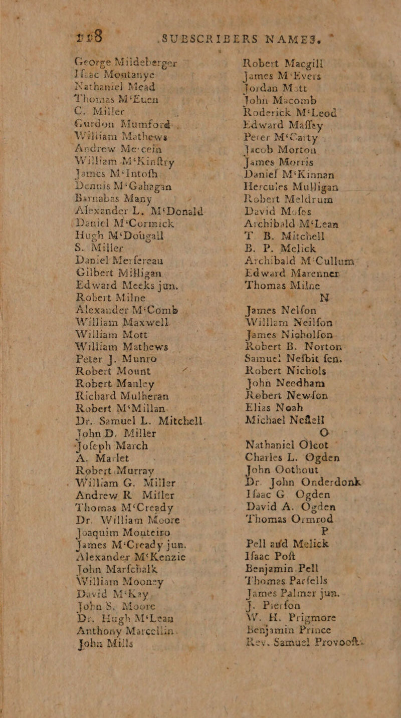 core Mildeberger Tfaac “Meatanye Nathaniel Mead Thoraas M‘Euen C. Miller Gurdon Pe ee ae Villiam Mathews Villiam -M‘Kinftry James M‘Iintofh Dennis M‘Gahagan Barnabas Many ; Alexander L, M‘Donald Hugh M‘Dotgall S. Miller Daniel Merfereau Gilbert MiHigan Edward Meeks jun. Robert Milne Alexander M‘Comb William Maxwell. Wiiliam Mott William Mathews Peter J. Munro Robert Mount he Robert Manley Richard Mulheran Robert. M‘Millan. ° .. ~ Dr.. Samuel L. Mitchell. John D. Miller Jofeph March A. Marlet ht ‘Murray Villiam G. Miller Thomas M‘Cready Dr. William Moore &gt; Joaquim Monteiro James M‘Cready jun. Alexander M‘Kenzie John Marfchalk William Mooney David M‘Kay John 5. Moore . Dr. Hugh M‘Lean Anthony Marcellin. Jobn Muls Robert Macygill James M‘Evers Jordan Mott John Macomb Roderick M‘Leod Edward Maffey Pecer M6 arty Jacob Morton James Morris Danie! M‘Kinnan Hercules Mulligan Robert Meldrum David Mufes Archibald M‘Lean T. B. Mitchell B. P. Melick Archibald M‘Cullum” Edward Marenner Thomas Milne NE James Nelfon Willem Neilfon: James Nigholfon. Robert B. Norton: Samue: Nefbit fen. Robert Nichols John Needham Rebert Newfon Elias Noah Michael Nefich O Nathaniel Olcot © Charles L. Ogden John Oocthout Dr. John Onderdonk: Ifaac G. Ogden David A. Ogden Thomas Ormrod P- Pell avd Melick Hfaac Poft Benjamin Pell Thomas Parfells James Palmer jun. J, Pierfoa H. Prigmore Be ssate Prince Rey. Samuel Provooks