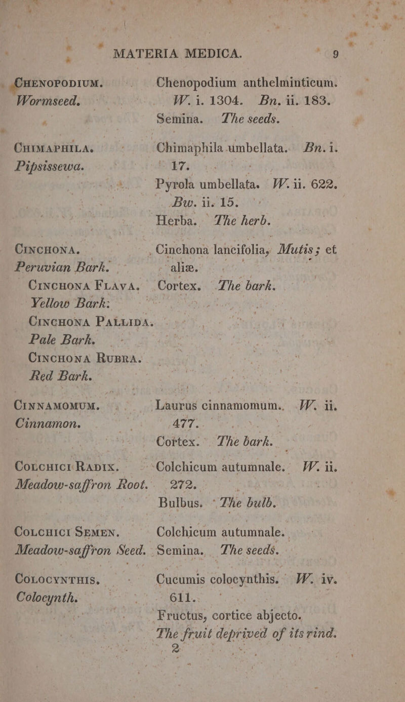 , : « * _ CHENOPODIUM. Wormseed. va CHIMAPHILA. Pipsissewa. 17. ; Bw. ii. 15. CINCHONA. Peruvian Bark. ~ Crncuona Fuava. Yellow Bark: Cincuona PALuIpa. Pale Bark. CincHona Rupra. Red Bark. CINNAMOMUM. Cinnamon. Concuicir Rapix. Meadow-saffron Hoot. . CoLcuict SEMEN. Meadow-saffron Seed. CoLOcYNTHIsS. | Colocynth. - alive. Wy de eee kya ie Cortex. The bark. | QI2.. 7 Bulbus. * The bulb. Colchicum autumnale. Semina. The seeds. Cucumis colocynthis. W. iv. 1 Oe | ”