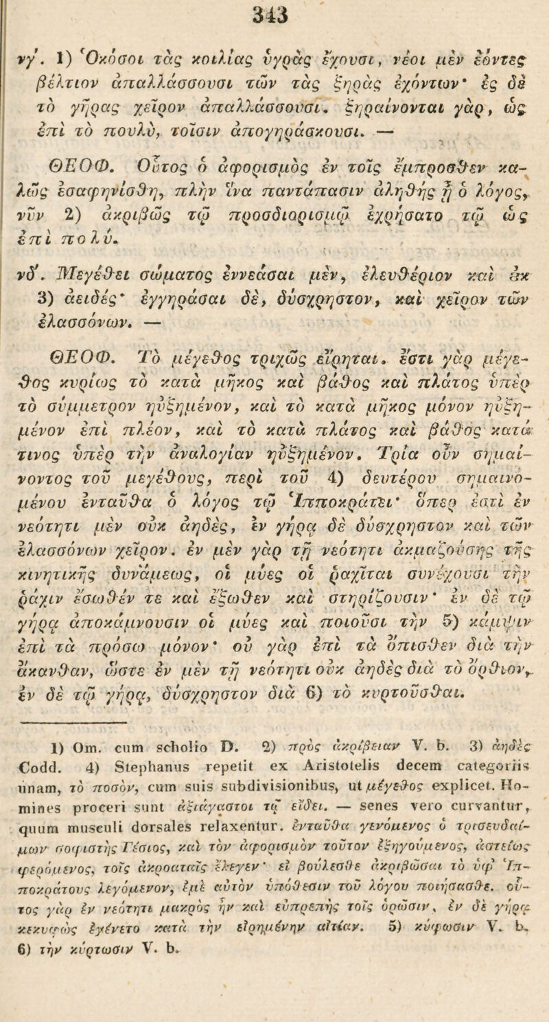 νγ , 1) ^Οκοοοι τας κοιλίας vγQaζ εχονσι, νέοι μεν εοντεζ^ βέλτιον άτταλλάοοονοι των ταζ εχόντων* ig δέ ' τδ yfjQcig χείρον άπαλλάσσονσι^ ξηραίνονται γαρ ^ ώς ‘ εηΐ το πουλυ, τοίοιν άτιογηράσκουσι» — I j ΘΕΟΦ, OuTog δ αφορισμος εν τοίς εμπροσ^^εν κα- ι ?At)g εσαφηνίσ&η, πλήν ϊνα παντάπασιν aXr^d^rjg fj ο λό^ος, j νυν 2) ακριβώς τφ προοόιορισμω. εχρησατο τφ ώς εττ ί ττολύ^ νδί. Μεγέ&ει σώματος εννεάοαι μεν^ ελεν^εριον κηΐ ί^κ 3) άειδές εγγηράααι δε, δνσχρηστον, κτιΐ χείρον τών ελασσονών, — ΘΕΟΦ, Τδ μεγεβ-ος τριγ^ώς εΥρηται» εΰτι χαρ μεγε- S-og κvρίωg τδ κατά μηκog και βάΌ-ος καί πλάτος υπέρ τδ σύμμετρον ηνξημένον, καί τδ κατά μηκog μόνον ?]νξη- μένον επί πλέον, καί τδ κατά πλάτog καί βάϋ-og κατά τίνος υπέρ την αναλογίαν ηνξημένον, Τρία ονν σημαί- νοντος τον μεγέθους, περί του 4) δευτέρου σημαινο- μένου εντανίλα δ λόγος τψ ^Ιπποκράτΐι* δπερ έατί εν νεότητι μεν ονκ αηδές, εν γήρα δέ δυσχρηστον καί τών ελασσόνων χείρον, εν μέν γάρ τη νεότητι άκμαζονσης της κινητικής δνναμεως, οί μνες οΐ ραχίται σννέχονσι την ράχιν έ'σωθ'έν τε καί εξω&εν καί στηρίζουσιν' εν δέ τώ γΐ]ρα άποκάμνονσιν οι μυες καί ποιονοι την 5·) κάμψιν επί τά πρόσω μόνον* ου γάρ επί τά οπισίλεν διά την ακαν^αν, ώστε έν μέν τη νεότητι ονκ αηδές διά τδ δρΟ^ΐον^ εν δέ τώ γήρ<1ί> δνσχρηστον διά 6) τδ κνρτουαίλαι. 1) Om. cntn scholio D. 2) riQvg Ηκηίβζίαν V. b. 3) δη^Ις. Codd. 4) Stephanus repetit ex Aristotelis decem categoriis unam, τό ηοσον, cum suis subdivisionibus, ut μ^γεθ-ος explicet. Ho- mines proceri sunt άξιάγαοτοι τα εϊδ'ει, — senes vero curvantur, quum musculi dorsales relaxentur. υνταϋΟα γενόαενος ό τρίσενόαί- μο}ν Γ!ο<(ΐστης Γέαιος, καϊ τοκ (αροηιύμον τοΰτοκ Εξηγούμενος, άστείο)ς ιρ^ηόμινος, τοΤς άκροαταΤς E):eyev’ εΐ βονλεαΟε ύκριβώααι το τχρ Υττ- ηοκηάτους λεγόμενον, Εμε cwtov νττόϋεσιν του λ.όγον ηοιηαασΟ·ε. ου- τος γαο Εν νεότητι, μάκρος ην καϊ εύττρεπης τοΤς υρώσ/ν, Εν γηρ^^^ κεκυιτίός ΕγΕνετο κατα την εϊρτμιΕνην αιτίαν. δ) κύφωσιν V. 1χ 6) την κύρτωύιν V. b.