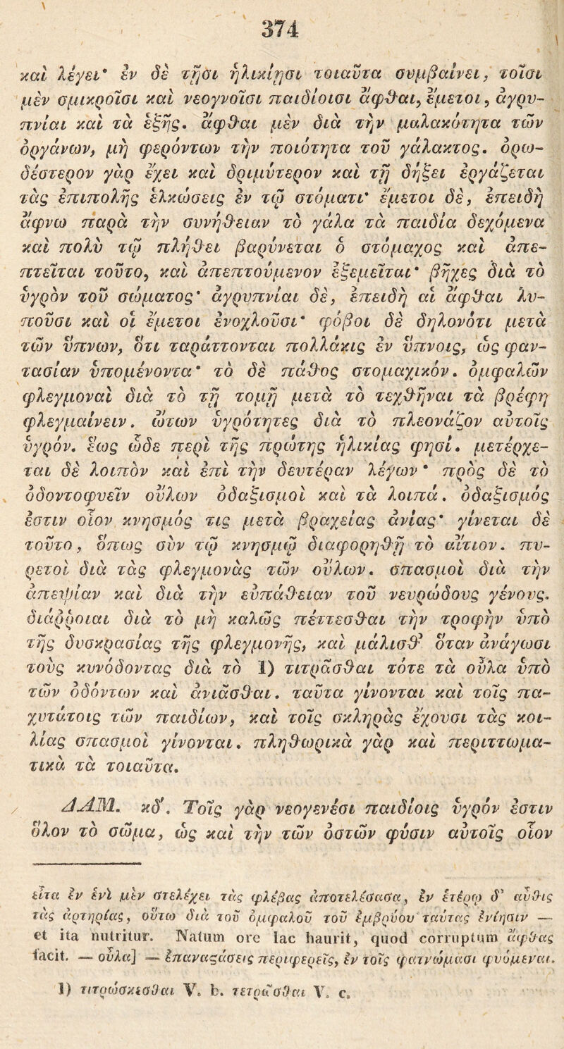 \ καί' λεγει* εν όε ττ^οι ηλικί^σι τοιαϋτα ονμβαΐνει, τοίοι μεν ομικροΊοί καί νεογνοΊοί παιδίοίοι αφ^'αί, εμετοί ^ αγρυ- πνία ι καί τα εξ^ζ. άφ&αί μεν ί5ίά την μαλακότητα των οργάνων, μή φερόντων την ποιότητα του γάλακτος, ορω- όέοτερον γάρ εχετ καί δριμυτερον καί ττ] δηξει εργάζεται τάς επιπολης ελκώοεις εν τω στόματι* εμετοί δε, επειδή αφνω παρά τήν ουνή^^ειαν τδ γάλα τα παιδΙα δεχόμενα καί πολύ τφ πλήΟ^ει βαρυνεται 6 στόμαχος καί άπε- πτείται τούτο, καί άπεπτουμενον εξεμεΧται* βήχες διά το υγρόν τον σώματος* άγρυπνίαι δε, επειδή αί άφ^^αι λυ- πούσι και όί εμετοί ενοχλοϋσι* φόβοι δε δηλονότι μετά των ύπνων, οτι ταράττονται πολλάκις εν νπνοις, ώς φαν- τασίαν υπομένοντα* τό δε πά^υς στομαχικόν» δμφαλών φλεγμοναι διά τό τγι τομγι μετά τό τεγβήναι τά βρέφη φλεγμαίνειν, ώτων υγρότητες διά τό πλεονάζον αυτοΊς υγρόν, εως ώδε περί τής πρώτης ηλικίας φησί* μετέρχε- ται όέ λοιπόν καί επί τήν δευτέραν λέγων * προς δέ τό οδοντοφυεΊν ουλών όδαξισμοί καί τά λοιπά, όδαξισμός έοτιν οίον κνησμός τις μετά βραχείας ανίας* γίνεται δέ τούτο, όπως συν τφ κνησμω διαφορη-ίλή τό αίτιον, πυ- ρετοί διά τάς φλεγμονάς των ουλών, σπασμοί διά τήν απειρίαν καί διά τήν ευπά&ειαν του νευρώδους γένους, διάρροιαι διά τό μή καλώς πέττεσ&αι τήν τροφήν υπό τής δυσκρασίας τής φλεγμονής, καί μάλισ^ όταν άνάγωσι τους κυνόδοντας διά τό 1) τιτρασίλαι τότε τά ούλα υπό των όδόντων καί aviaodai, ταυτα γίνονται καί τοΊς πα- χυτάτοις των παιδιών, καί τοΙς σκληράς εχουσι τάς κοι- λίας σπασμοί γίνονται, πληβ^ωρικά γάρ καί περιττωμα- τικά τά τοιαντα, / κδί, Τοίς γάρ νεογενεσι παιδίοις υγρόν έστιν ολον το σώμα, ώς καί τήν τών οστών φύσιν αυτοίς οίον ίΐτα Ιν ενϊ f,dv ατελεχει τάς φλέβας άποτελέύαΟα, Ιν ετέοο) δ' αυίλις ιας αρτηρίας, ουιω δια του ομφαλου τον εμβρύου ταύτας ίνίηαιν — ct ita nutritur. Natum orc lac haurit, quod corruptum άφθας lacit, -—ούλα] — ^ηαναςάαείς περιφερείς, iv τοΐς φατνώμαοι φνόμεναι. 1) τιτρώσκίαΟαι Υ, b. τετρά αΟat Υ. c.