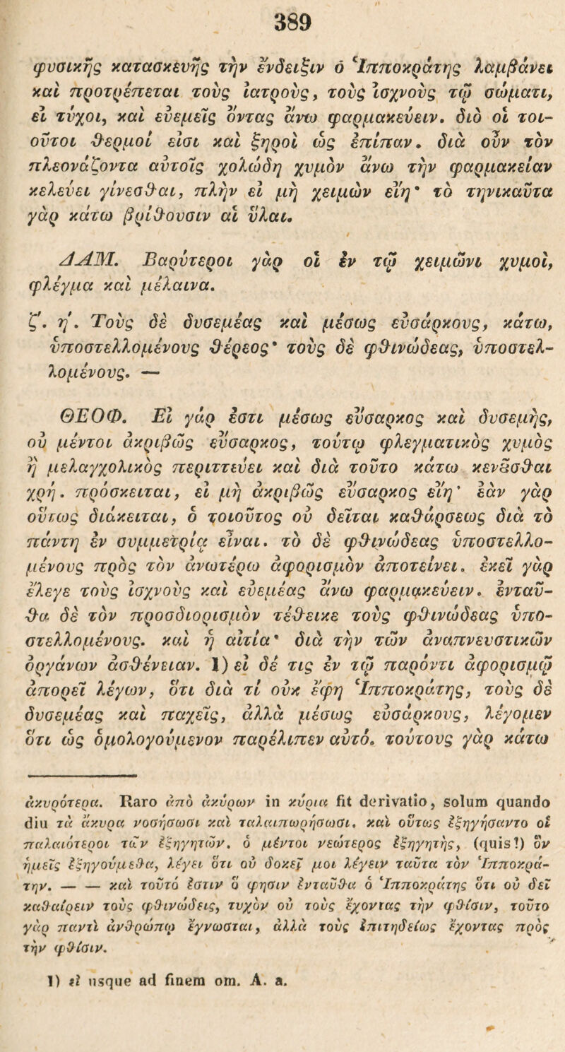 I* φυσικής κατασκευής την ενδειξιν ό ^Ιτΐττοκράτης λαμβάνει καΐ 7ΐροτ(>έπεται τους ιατρούς, τους Ισχνούς τφ σώματι, εΐ τνχοι, και ευεμεΊ,ς όντας avw φαρμακεύειν, διό οΐ τοι- ουτοι ϋ^ερμοί είσι καί ζηροί ώς επίτΐαν, διά ουν τον πλεονάζοντα αυτοίς χολώδη χυμόν άνω την φαρμακείαν κελεύει γίνεσΟ-αι, ττλην ε\ μη χειμών εΐη* τό τηνικαντα γάρ κάτω βρίΟ-ουσιν αί ϋλαι, /1AM, Βαρύτεροι χάρ οΙ iv τψ χειμώνι χυμοί, φλέγμα και μέλαινα, ζ, η, Τους δέ δυσεμέας καί μέσως εύσαρκους, κάτω, νποστελλομένους ϋ^έρεος' τους δέ φϋ^ινώδεας, νποατελ-- λομένους, — ΘΕΟΦ, Ει γάρ εστι μέσως εύσαρκος και δυσεμής, ου μέντοι ακριβώς εύσαρκος, τουτφ φλεγματικός χυμός η μελαγχολικός ττεριττευει και διά τούτο κάτω κεν^σ^αι χρη, πρόσκειται, εΐ μη ακριβώς εύσαρκος ε\'η' εάν γάρ ονιως διάκειται, ο τοιοντος ον δεϊται κα3^άρσεως διά τό πάντη εν συμμετρία είναι, τό δέ φθ^ινώδεας νηοστελλο- μένους ηρός τον ανωτέρω άφορισμόν αποτείνει, εκεί γάρ ελεγε τους ισχνούς και ενεμέας άνω φαρμμκευειν. ένταϋ-- d-a δέ τόν προσδιορισμόν τέΟ^εικε τους φ&ινώδεας νπο· στελλομένους. κυΧ η αίτια' διά την τών αναπνευστικών οργάνων άσ&ένειαν, 1) δέ τις εν τψ παρόντι άφορισμφ απορεί λέγων, οτι διά τί ονκ εφη ^Ιπποκράτης, τους δέ δυσεμέας καί παχέϊς, αλλά μέσως ευσάρκονς, λέγομεν οτι ώς όμολογουμενον παρέλιπεν αυτό, τούτους γάρ κάτω ά'/.νοότΕοα. Raro άηο άκυρων in κ.υριη fit derivatio, solum quando diu τά άκυρα νοαηΰωΰι κ.αϊ ταλαιηωρησωοι, καΐ ούτως έξηγηοαντο ot τταλαιότεροί ταν Ιξηγψών. 6 μέντοι νεώτερος Ιξηγητης, (quisi) ον ημείς έξηγούμεΟ-α, λέγει οτι ου δοκε]^ μοι λέγειν ταυτα τον Ιηποκρά- την. — — και τοϋτό έοτιν ο φηύιν ένταυίλα 6 ^Ιττττοκράτης οτι ον δει καΰαίρειν τους (ρ<λινώδεις, τυχόν ου τους έχοντας την φΟ^ίοιν, τούτο γάρ ηαντϊ άνΟ^ρωπω έγνωσται, άλλα τους ίηιτηδείως έχοντας προς την φίλίσιν. 1) fi usque ad finem om. A. a.