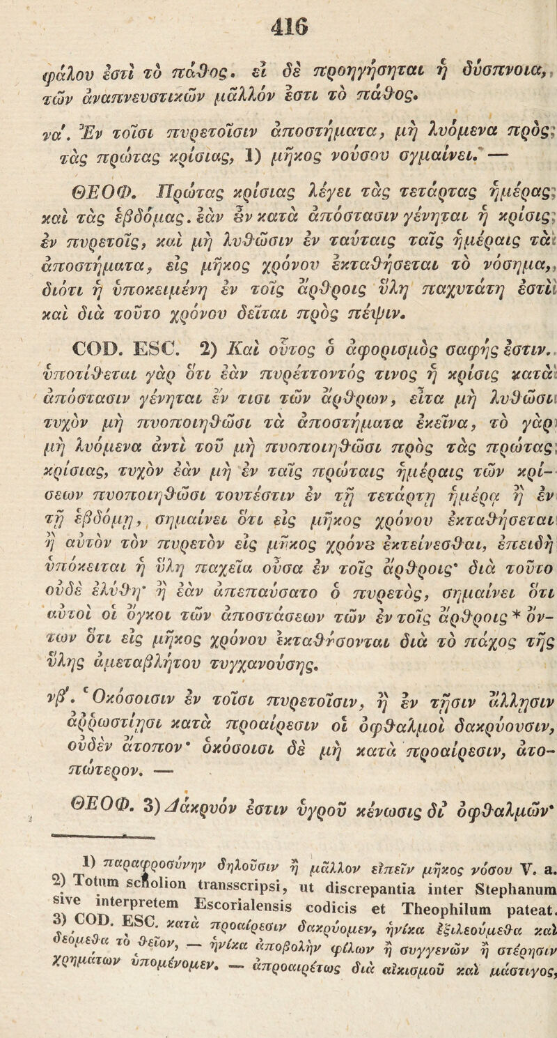(βάλον iou το πάϋος, sl δέ ττροηγησηταν η δυοπνοκχ,, των άναηνενοτινίων μάλλον εστι το nad^og· τα, Έν τοϊοί πυρετοϊσιν άτΐοστηματα, μη λυόμενα προς; τάς πρώταζ κρίσιας, 1) μήκος νουσον ογμαίνεν,^ — ΘΈΟΦ. Πρώτας κρίσιας λεγει τάς τετάρτας ημέρας; καΐ τάς εβόόμας.εάν πν κατά άπόοτααιν γένηται η κρίοις; εν πυρετόΐς) καΐ μη λυ&ώοιν εν τανταις ταις ημέραις τάί αποστήματα^ εις μήκος χρόνον εκταΟ^ήαεται το νόσημα,^ διότι ή υποκείμενη εν τοις άρ^^ροις νλη παχύτατη έοτίί καί διά τούτο χρόνου δεϊται προς πέψιν. COD. ESC, 2) Καί ουτος ο άφορισμδς σαφής εοτιν,. υποτίθεται γάρ οτι εάν πυρέττοντός τίνος ή κρίσις κατά\ άπόστασιν γένηται εν τισι των άρθρων, ειτα μη λνθώσιι τυχόν μή πνοποιηθώαι τά αποστήματα εκείνα, τό γάρ^ μη λυόμενα άντι του μή πυοποιηθώσι προς τάς πρώτας; κρίσιας, τυχόν εάν μή εν ταίς πρώταις ήμεραις των κρί- σεων πνοποιηθώσι τουτέστιν τή τέταρτη ήμερα ή εν τή εβδόμη, ^ σημαίνει οΤΐ εις μήκος χρόνου εκταθήσεται η αυτόν τόν πυρετόν εις μνκος χρόνιά εκτείνεσθαι, επειδή υποκειται ή νλη παχεία ονσα εν τοίς άρθροις* διά τούτο ουδέ ελνθη' ή εάν άπεπαυσατο δ πυρετός, σημαίνει οτι αυτοί οι ογκοι των αποστάσεων των εν τοίς άρθροις * ον- των ότι εις μήκος χρόνου Ικταθτσονται διά τό πάχος τής νλης αμεταβλήτου τυγχανουσης. νβ. Οκοσοισιν εν τοίσι πυρετοίσιν, η εν τήσιν άλλησιν αρρωστιησι κατα προαίρεσιν οι οφθαλμοί δακρύουσιν, ονόεν ατοπον' οκοσοισι δε μή κατά προαίρεσιν, άτο- πώτερον, — ΘΕΟΦ. Ζ)^ακρυον εοτιν νχρου κένωσιςδί οφθαλμών* 1) ηαραψροαννην δηλοΰΰιν ή μάλλον εϊπεΐν μήκος νόσου V. a. ) otiim scnolion transscripsi, ut discrepantia inter Stephanum Escorialensis codicis et Theophilum pateat, y / q * < 3i«Ti)c προαίρεσιν δακρυομεν, ηνίκα ί'ξιλεούμεΟ^α καϊ κ το &εΐον, y\vv/.a αποβολήν <ρίλων ή συγγενών rj στερησιν χρ^ΐμ V νπομενομεν. ηπροαιρετως διά αϊκισμοΰ καϊ ιιάστιγος,