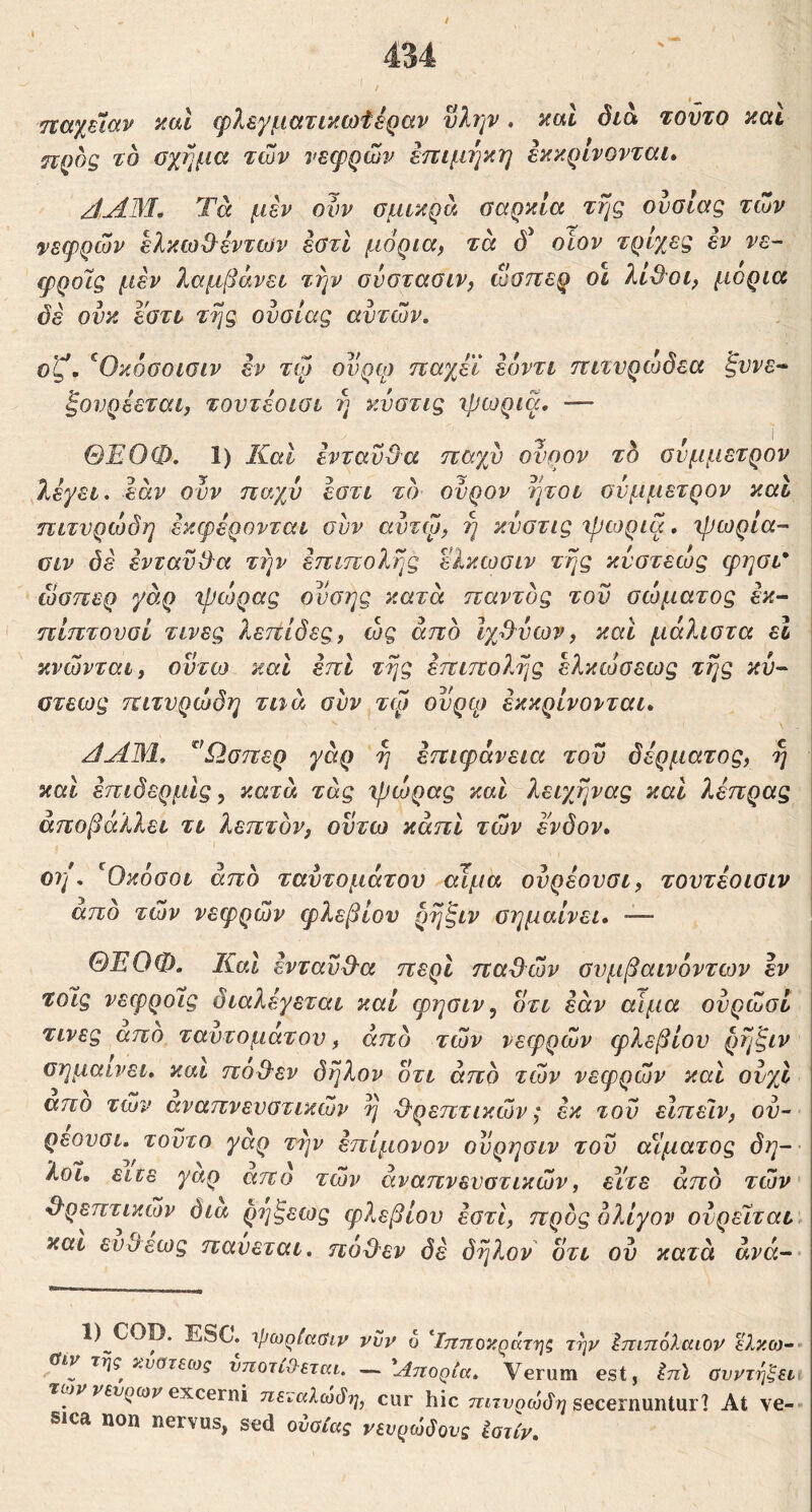 παχεΊαν y^al φλεγμ&τίκω'ΐέραν νϊψ. τοντο και προς το όχημα των νεφρών ετιιμηκη εκκρίνονται» ΑΛΜ^ Τά μεν ονν σμικρα σαρκία της ουσίας των τεφρών ελκωΟ^έντων εστί μόρια, τα οίον τρίχες εν νε- φροϊς μεν λαμβάνει την σνστασιν, ώοτιερ οι λιΒοι, μόρια όέ ουκ εστι της ουσίας αυτών, οζ. ^Οκόσοισιν εν τψ ουρψ ηαχέϊ εόντι τΐίτνρώόεα ξννε^ ξονρέεται, τουτεοισι η κύστις φωρια, — ΘΈΟΦ, 1) Και ενταυΟ^α ηαχύ ονρον τδ σύμμετρον λέγει, εάν ονν τταχν έστι τδ ονρον ήτοι σύμμετρον καί ηιτνρώδη εκφέρονται συν αυτψ, η κνστις ίβιορια, φωρία- σιν (5δ ενταύθα την έπιπολης ελκωσιν της κυστεως φησι* ώσπερ γάρ ψώρας ονσης κατά παντός τον σώματος εκ~ ηίπτονσί τινες λεπίδες, ώς άπδ ϊχ^νων, καί μάλιστα εΐ κνώνται, ουτω καί επί της έπιπο?.ης ελκώσεως της κυ- στεως πιτνρώδη τιιά συν τψ ονρίρ έκκρίνονται» ΑΑΜ. ^Ώσπερ γάρ η επιφάνεια του δέρματος, η και έπιδερμίς ^ κατά τάς ψώρας καί λειχήνας και λέπρας αποβάλλει τι λεπτόν, ουτω κάπΙ των ένδον, οη. ^Οκόσοι άπδ ταντομάτου αίμα ονρέουσι, τουτέοισιν άπδ τών νεφρών φλεβίον ρηζιν σημαίνει, — ΘΕΟΦ, Καί ένταυΦα περί παΦών σνμβαινόντων εν το7ς νεφροίς διαλέγεται καί φησιν, οτι εάν αίμα ονρώσί τινες απο ταυτοματον, άπδ τών νεφρών φλεβίου ρηζιν σημαίνει, και ποΦεν δηλον οτι άπδ τών νεφρών καί ονχΐ απο τών αναπνευστικών η '9'ρεπτικών; εκ του εΙπεΊν, ου- ρεοναι, τοντο γάρ την επίμονον ονρησιν του αβματος δη- λοι, είτε γαρ απο τών άναπνενατικών, είτε άπδ τών θρεπτικών δια ρήξεως φλεβίου έστι, προς ολίγον ονρεϊται και εν^εως παύεται, ποΦεν δε δηλον ότι ου κατά άνά- D^COp. ESC. ιρωρίαΰιν νυν ο ^Ιτΐτιοκράτηζ την ^τιιπόλαιον έλκο)· αιντης κυστεως νποτίΟ-εται. —'Αττορία, Verum est, ^πϊ ανντηξει των νεύρων excerni πεταλώάη, cur hic secernuntur? At ve- sica non nervus, sed ούαίας νευρώδους ίατίν.