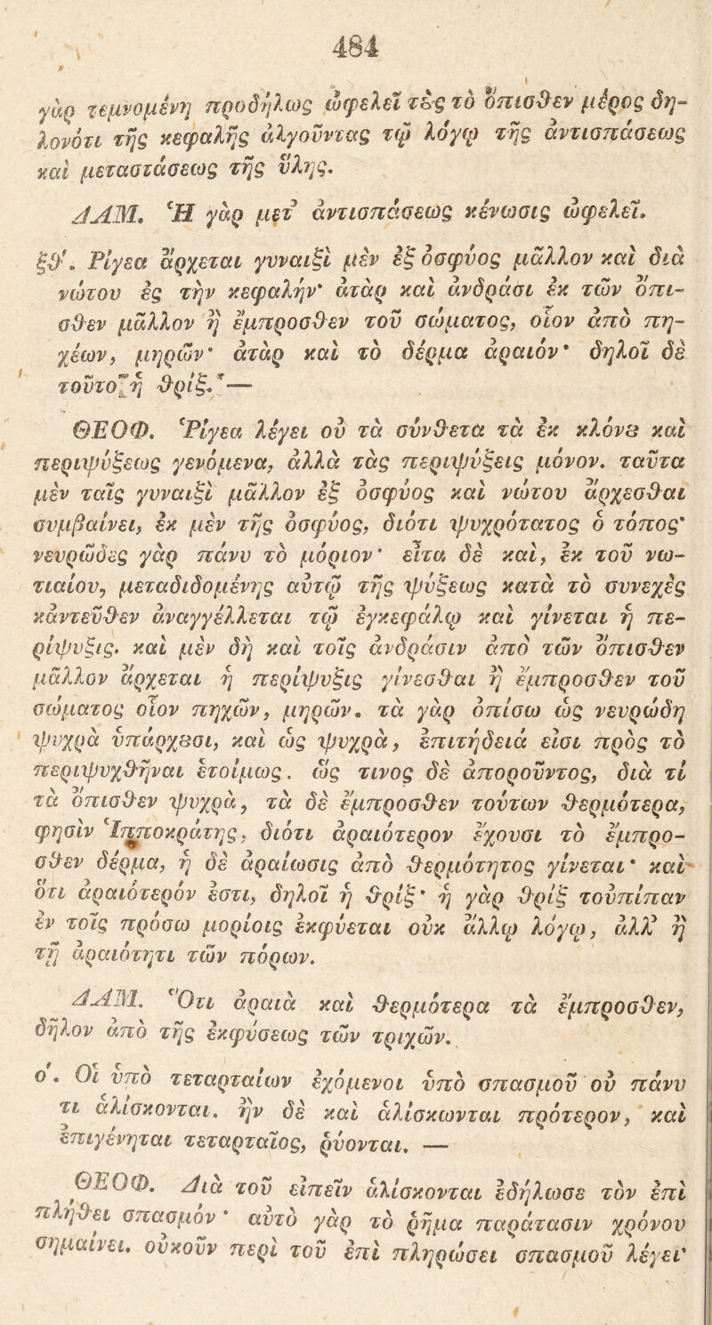 J a γαρ %βμνομέν7] προδηλως ώφελεϊ IgQ to ottioS^sv μέρος 07]- λονόη τής κεφαλής άίγοΰντας τψ λόγφ τής αντιοπάοεως και μεταοτάοεως τής ϋλης. JAM, ‘Η yaQ μετ αντωτιάϋεως κένωοις ώφελέΐ, ξ&\ Ρίγεα αρχεται γνναιξΐ μεν εξ δσφνος μάλλον και δια νώτου ες την κεφαλήν* άτάρ και άνδράσι έκ των οπι- od^ev μάλλον ή έμπροσθεν του σώματος, οίον άπδ πη~ χεων, μηρών* άταρ καί το δέρμα αραιόν* δηλοΐ δέ τούτοΑΐ θ^ριξ*^-^ ΘΕΟΦ, Ψιγεα λέγει ου τα σύνθετα τα έκ κλονίί και ηεριψνξεως γενόμενα, αλλά τάς ττεριψύξεις μόνον, ταύτα μεν ταΐς γυναιξι μάλλον εξ όσφύος και νώτου αρχεσθαι συμβαίνει, έκ μέν τής όσφύος, διότι ιρυχρότατος δ τόπος* νευρώδες γάρ πάνυ το μόριον* ειτα δε καΐ, έκ του νω- τιαίου,, μεταδιδόμενης αύτφ τέις ιβυξεως κατά το συνεχές κάντεϋθεν αναγγέλλεται τφ έγκεφάλω και γίνεται ή πε- ρίχρυξις, και μέν δή καί τοίς άνδράσιν από των όπισθεν μάλλον αρχεται ή περίτβυξις γίνεοθαι ή έμπροσθεν του σώματος οΐον πηχών, μηρών, τά γάρ όπίσω ώς νευρώδη ψυχρά υπάρχ^σι, και ώς ψυχρά, επιτήδεια είσι προς το περιψνχθήναι ετοίμως. ιος τίνος δέ άποροϋντος, διά τί τά όπισθεν ψυχρά, τά δέ έμπροσθεν τούτων θερμότερα, φησιν ^Ιτ^οκρατης, διότι άραιότερον έχουσι το έμπρο- σθεν δέρμα, ή δέ άραίωσις άπδ θερμότητος γίνεται* καν οτι αραιότερον εστι, δηλοι ή θρίξ* ή γάρ θρίξ τούπίπαν εν τοίς πρόσω μορίοις εκφύεται ούκ άλλφ λόγω, άλΡ ή τή άραιότητι των πόρων. JAM. Οτι αραιά και θερμότερα τά έμπροσθεν, δήλον απο τής εκφνσεως των τριχών, ο. Οι νπο τεταρταίων έχόμενοι νπδ σπασμού ου πάνυ τι αλισκονται. ην δέ καΐ άλίσκωνται πρότερον, και επιγένηται τεταρταίος, ρνονται, — ΘΕΟΦ. Αια τού ειπείν αλισκονται έδήλωσε τον έπΙ πληθει σπασμόν * αυτό γάρ τδ ρήμα παράτασιν χρόνου σημαίνει, ουκούν περί τού έπΙ πληρώσει σπασμού λέγει*