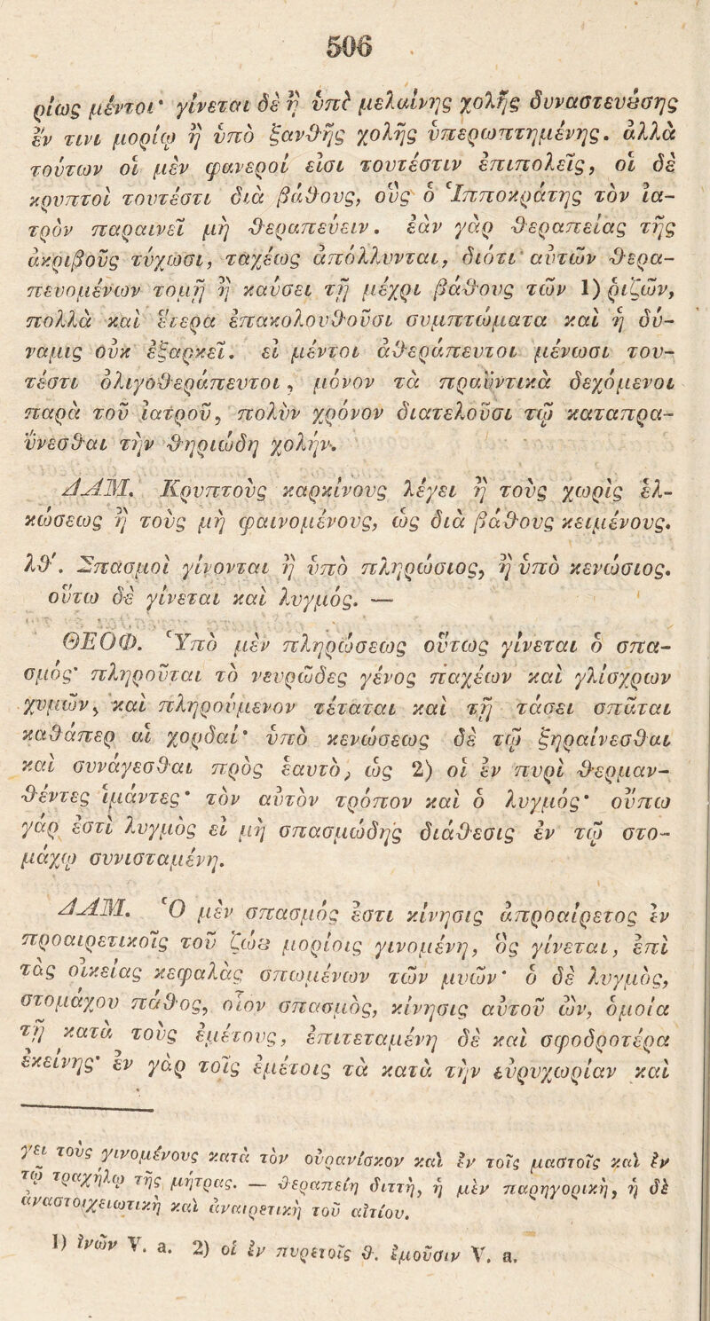 ρίως μέντοι' γίνεται δε η υπί με7ιαΙνης xoXfjg δυναστεν&σης εν τινι μορίω η νπο ξανί}ης χολής νττερωπτημένης. άλλοι τοντων οι μεν φανεροί είσι τοντέστιν επιηολείς, οΐ δε κρντττοί τοντεατι δια βάί}ονς, Oi;V' ο ^Ιπποκράτης τον Ια- τρόν παραινεί μη Ιίεραπεύειν, εάν γάρ ■Β'εραπείας της ακριβούς τνχωσι, ταχέως άπέιλλυνται, δωτι' αυτών Ό-ερα- πευομένων τομή η καύοει τη μέχρι βα^Όνς των 1) ριζώνj πολλά και ειερα έπακολονθΌναι συμπτώματα καΐ η δυ- ναμις ουκ έξαρκεί, εΐ μέντοι άΟ-εράπευτοι μένωσι τον- τέοτι ολιγο&εράπευτοι, μόνον τά πραϋντικά δεχόμενοι παρά τον ιατρού^ πολνν χρόνον διατελονσι τψ καταπρα- ννεσ9·αι την ^ηριώοδη χολνγν·. Κρυπτούς καρκίνους 7^γει η τους χωρίς ελ- κώσεως η τους μη φαινομένους, ώς διά βά^Όνς κειμένους* λ&\ Σπασμοί ο ντω δέ γίνονται η υπό γίνεται και λυγμός. D\ C πΐηρωοιος^ η νπο κενωσιος. ΘΕΟΦ, Υπό μέν πληρώσεως ούτως γίνεται ο σπα- σμός' πληρουται το νευρώδες γένος παχέων και γλίσχρων χυμώνκαι πληρονμενον τέταται και τη τάσει σπάται καΘαπερ αι χορδαί* υπό κενώσεως δέ τφ ζηραίνεσΟαι και σνναγεσθαι προς εαυτό, ώς 2) οι εν πυρι Ιλερμαν- Ιλεντες ιμάντες* τον αυτόν τρόπον και δ λυγμός’ ουπω γαρ εστι λυγμός ει μη σπασμώδης διάΟεοις εν τώ στο- μάχιμ συνισταμένη. ο μεν σπασμός εστι κίνησις άπροαίρετος Ιν προαιρετικοίς του ζωι^ μορίοις γινομένη, ο^’ γίνεται, έπΙ τας οικείας κεφαλας σπωμένων των μνών' δ δε λυγμός, στομαχιού πάθος, οιον σπασμός, κίνησις αύτοϋ ών, δμοΐα τη κατα^ τους εμετούς, επιτεταμένη δέ και σφοδρότερα * έν νλη 'γπΤλ Λ ' εκείνης εν γαρ τοίς εμετοις τά κατά την ευρυχωρίαν και ει τους γινομένους κατα τον ουηανίοκον κκ\ tv τοΐς μαστοΐς κ.αϊ έν της μήτρας. — -Οτραπειη διττή, η μεν ηαρηγορικη, η 0h «ναστοιχπωτικη καϊ δναιρ^τιχη τον αίτιον.