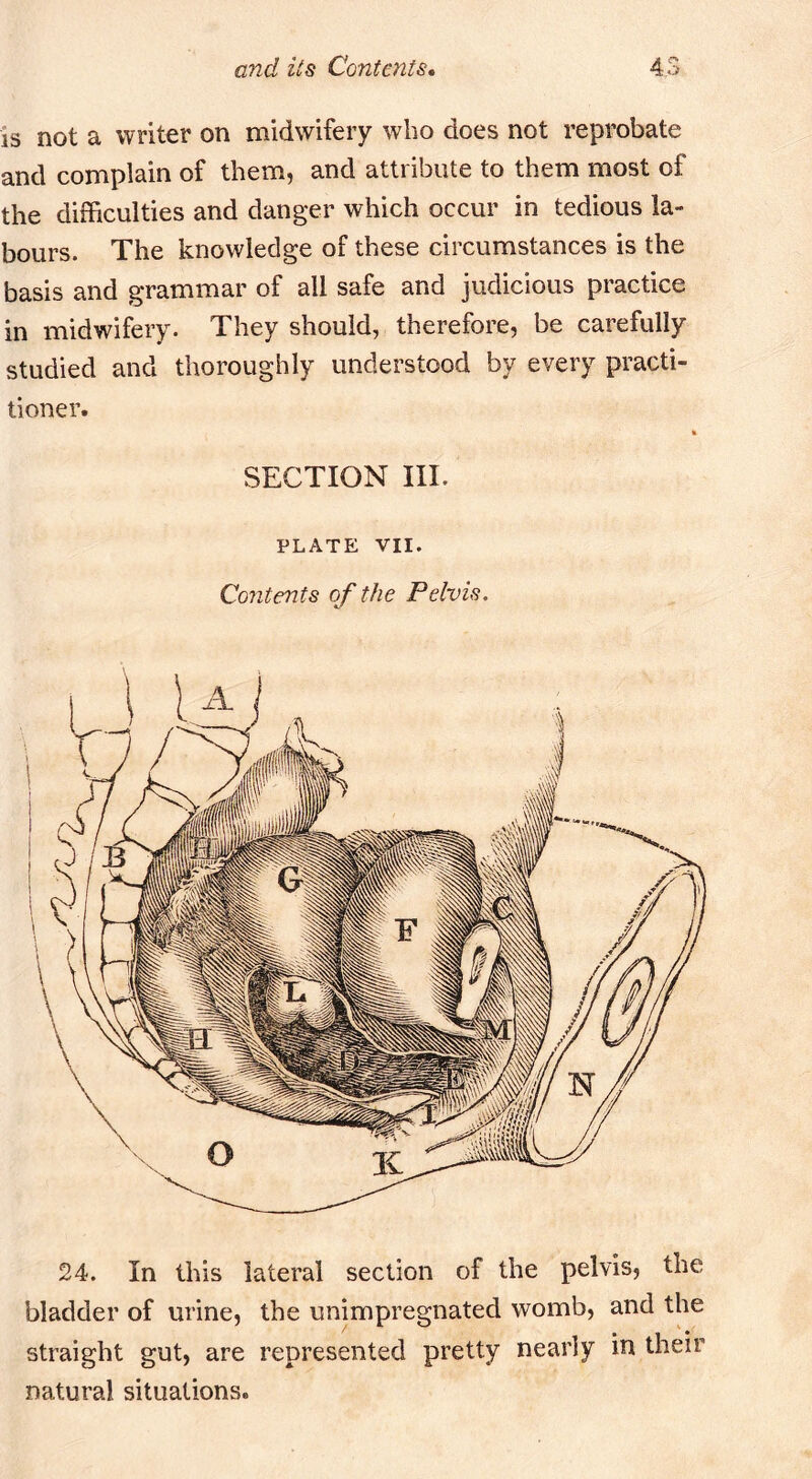 is not a writer on midwifery who does not reprobate and complain of them, and attribute to them most of the difficulties and danger which occur in tedious la- bours. The knowledge of these circumstances is the basis and grammar of all safe and judicious practice in midwifery. They should, therefore, be carefully studied and thoroughly understood by every practi- tioner. SECTION III. PLATE VII. Contents of the Pelvis. 24. In this lateral section of the pelvis, the bladder of urine, the unimpregnated womb, and the straight gut, are represented pretty nearly in their natural situations.