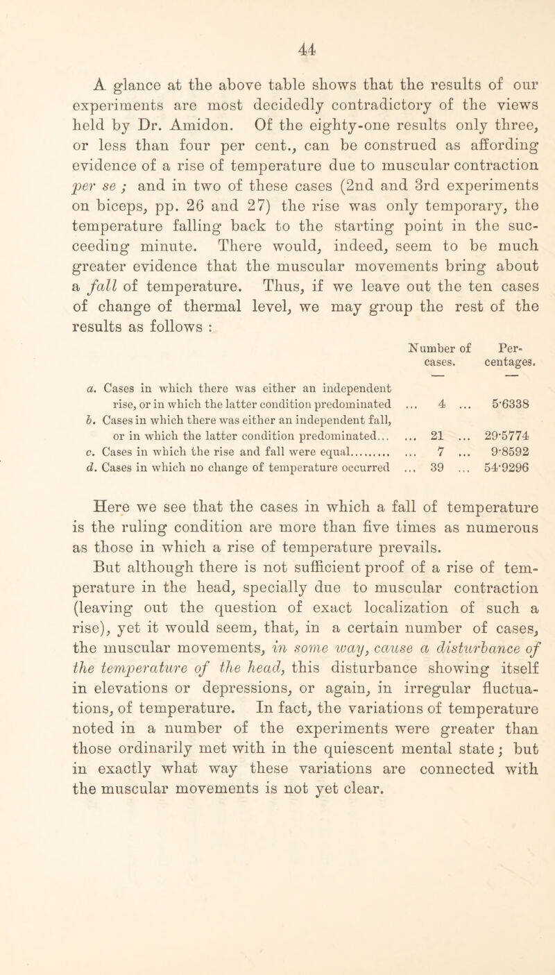 A glance at tlie above table shows that the results of our experiments are most decidedly contradictory of the views held by Dr. Amidon. Of the eighty-one results only three, or less than four per cent., can be construed as affording evidence of a rise of temperature due to muscular contraction per se ; and in two of these cases (2nd and 3rd experiments on biceps, pp. 26 and 27) the rise was only temporary, the temperature falling back to the starting point in the suc¬ ceeding minute. There would, indeed, seem to be much greater evidence that the muscular movements bring about a fall of temperature. Thus, if we leave out the ten cases of change of thermal level, we may group the rest of the results as follows : Number of Per- cases. centages. a. Cases in which there was either an independent rise, or in which the latter condition predominated ... 4 ... 5’6338 5. Cases in which there was either an independent fall, or in which the latter condition predominated. 21 ... 29‘5774 c. Cases in which the rise and fall were equal. 7 ... 9'8592 d. Cases in which no change of temperature occurred ... 39 ... 54-9296 Here we see that the cases in which a fall of temperature is the ruling condition are more than five times as numerous as those in which a rise of temperature prevails. But although there is not sufficient proof of a rise of tem¬ perature in the head, specially due to muscular contraction (leaving out the question of exact localization of such a rise), yet it would seem, that, in a certain number of cases, the muscular movements, in some way, cause a disturbance of the temperature of the head, this disturbance showing itself in elevations or depressions, or again, in irregular fluctua¬ tions, of temperature. In fact, the variations of temperature noted in a number of the experiments were greater than those ordinarily met with in the quiescent mental state; but in exactly what way these variations are connected with the muscular movements is not yet clear.