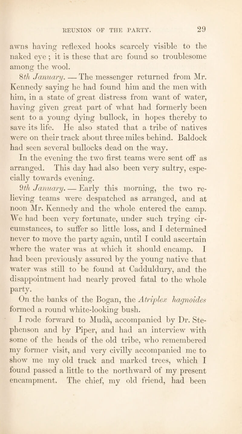 awns having reflexed hooks scarcely visible to the naked eye ; it is these that are found so troublesome among the wool. 8th January. — The messenger returned from Mr. Kennedy saying he had found him and the men with him, in a state of great distress from want of water, having given great part of what had formerly been sent to a young dying bullock, in hopes thereby to save its life. He also stated that a tribe of natives were on their track about three miles behind. Baldock had seen several bullocks dead on the way. In the evening the two first teams were sent off as arranged. This day had also been very sultry, espe¬ cially towards evening. 9th January Early this morning, the two re¬ lieving teams were despatched as arranged, and at noon Mr. Kennedy and the whole entered the camp. We had been very fortunate, under such trying cir¬ cumstances, to suffer so little loss, and I determined never to move the party again, until I could ascertain where the water was at which it should encamp. I had been previously assured by the young native that water was still to be found at Cadduldury, and the disappointment had nearly proved fatal to the whole party. On the banks of the Bogan, the Atriplex liagnoides formed a round white-looking bush. I rode forward to Muda, accompanied by Dr. Ste¬ phenson and by Piper, and had an interview with some of the heads of the old tribe, who remembered my former visit, and very civilly accompanied me to show me my old track and marked trees, which I found passed a little to the northward of my present encampment. The chief, my old friend, had been