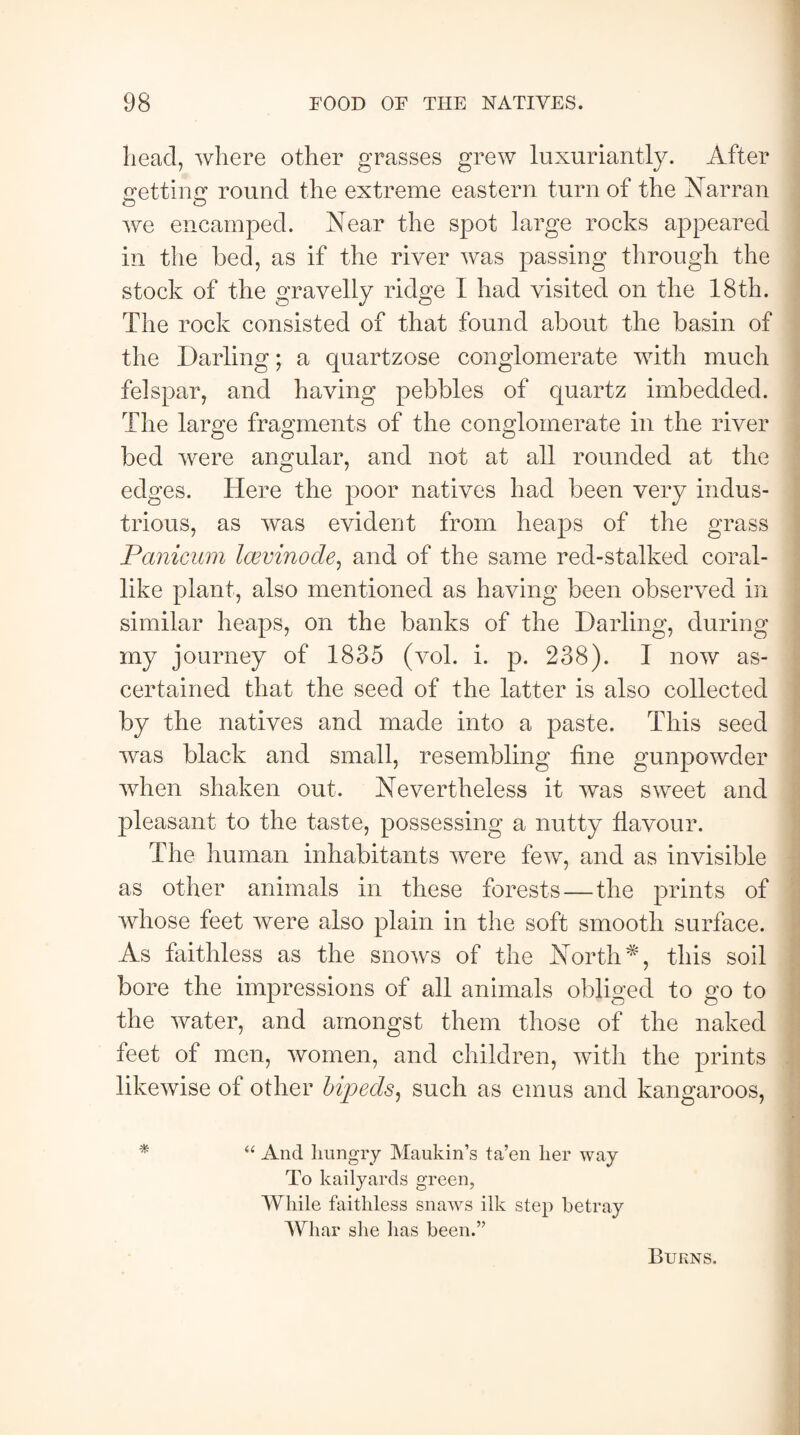 head, where other grasses grew luxuriantly. After fretting round the extreme eastern turn of the Aar ran we encamped. Near the spot large rocks appeared in the bed, as if the river was passing through the stock of the gravelly ridge I had visited on the 18th. The rock consisted of that found about the basin of the Darling; a quartzose conglomerate with much felspar, and having pebbles of quartz imbedded. The large fragments of the conglomerate in the river bed were angular, and not at all rounded at the edges. Here the poor natives had been very indus¬ trious, as was evident from heaps of the grass Panicum Icevinode, and of the same red-stalked coral¬ like plant, also mentioned as having been observed in similar heaps, on the banks of the Darling, during my journey of 1835 (vol. i. p. 238). I now as¬ certained that the seed of the latter is also collected by the natives and made into a paste. This seed was black and small, resembling fine gunpowder when shaken out. Nevertheless it was sweet and pleasant to the taste, possessing a nutty flavour. The human inhabitants were few, and as invisible as other animals in these forests—the prints of whose feet were also plain in the soft smooth surface. As faithless as the snows of the North *, this soil bore the impressions of all animals obliged to go to the water, and amongst them those of the naked feet of men, women, and children, with the prints likewise of other bipeds, such as emus and kangaroos, * “ And hungry Maukin’s ta’en her way To kailyards green, AVhile faithless snaws ilk step betray AVhar she has been.” Burns.