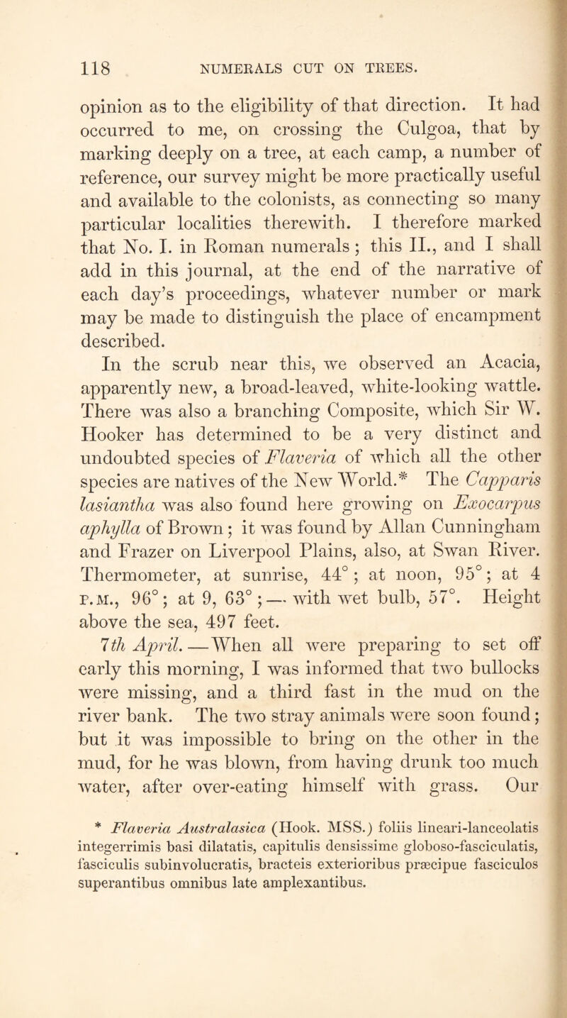 opinion as to the eligibility of that direction. It had occurred to me, on crossing the Culgoa, that by marking deeply on a tree, at each camp, a number of reference, our survey might be more practically useful and available to the colonists, as connecting so many particular localities therewith. I therefore marked that No. I. in Roman numerals ; this II., and I shall add in this journal, at the end of the narrative of each day’s proceedings, whatever number or mark may be made to distinguish the place of encampment described. In the scrub near this, we observed an Acacia, apparently new, a broad-leaved, white-looking wattle. There was also a branching Composite, which Sir W. Hooker has determined to be a very distinct and undoubted species of Flaveria of which all the other species are natives of the New World A The Capparis lasiantha was also found here growing on Exocarpus apliylla of Brown ; it was found by Allan Cunningham and Frazer on Liverpool Plains, also, at Swan River. Thermometer, at sunrise, 44°; at noon, 95°; at 4 p.m., 96°; at 9, 63°;— with wet bulb, 57°. Height above the sea, 497 feet. 7th April.—When all were preparing to set off early this morning, I was informed that two bullocks were missing, and a third fast in the mud on the river bank. The two stray animals were soon found; but it was impossible to bring on the other in the mud, for he was blown, from having drunk too much water, after over-eating himself with grass. Our * Flaveria Australasica (Hook. MSS.) foliis lineari-lanceolatis integerrimis basi dilatatis, capitulis densissime globoso-fasciculatis, fasciculis subinvolucratis, bracteis exterioribus prascipue fasciculos superantibus omnibus late amplexantibus.