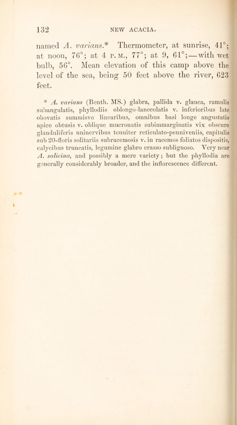 named A, varians .* Thermometer, at sunrise, 41°; at noon, 76°; at 4 p.m., 77°; at 9, 61°; — with wet bulb, 56°. Mean elevation of this camp above the level of the sea, being 50 feet above the river, 623 feet. * A. varians (Benth. MS.) glabra, pallida v. glauca, ramulis subangulatis, phyllodiis oblongo -lanceolatis v. inferioribus late obovatis summisve linearibus, omnibus basi longe angustatis apice obtusis v. oblique mucronatis subimmarginatis vix obscure glanduliferis uninervibus tenuiter reticulato-penniveniis, capitulis sub 20-floris solitariis subracemosis v. in racemos foliatos dispositis, calycibus truncatis, legumine glabro crasso sublignoso. Very near A. salicina, and possibly a mere variety; but the pliyllodia are generally considerably broader, and the inflorescence different.