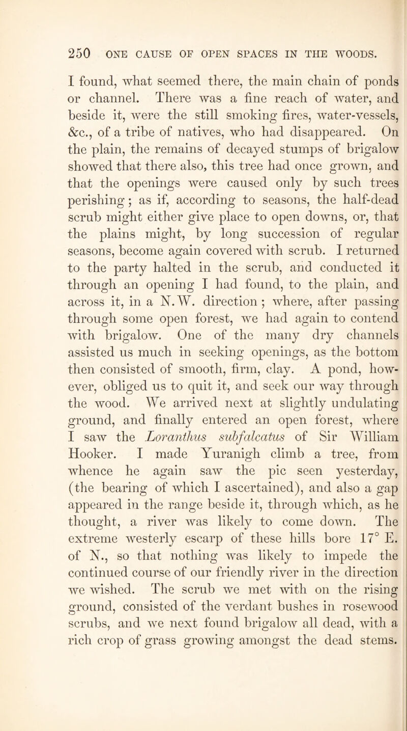 I found, what seemed there, the main chain of ponds or channel. There was a fine reach of water, and beside it, were the still smoking fires, water-vessels, &c., of a tribe of natives, who had disappeared. On the plain, the remains of decayed stumps of brigalow showed that there also, this tree had once grown, and that the openings were caused only by such trees perishing; as if, according to seasons, the half-dead scrub might either give place to open downs, or, that the plains might, by long succession of regular seasons, become again covered with scrub. I returned to the party halted in the scrub, and conducted it through an opening I had found, to the plain, and across it, in a N. W. direction ; where, after passing through some open forest, we had again to contend with brigalow. One of the many dry channels assisted us much in seeking openings, as the bottom then consisted of smooth, firm, clay. A pond, how¬ ever, obliged us to quit it, and seek our way through the wood. We arrived next at slightly undulating ground, and finally entered an open forest, where I saw the Loranthus subfalcatus of Sir William Hooker. I made Yuranigh climb a tree, from whence he again saw the pic seen yesterday, (the bearing of which I ascertained), and also a gap appeared in the range beside it, through which, as he thought, a river was likely to come down. The extreme westerly escarp of these hills bore 17° E. of N., so that nothing was likely to impede the continued course of our friendly river in the direction we wished. The scrub we met with on the rising ground, consisted of the verdant bushes in rosewood scrubs, and we next found brigalow all dead, with a rich crop of grass growing amongst the dead stems.