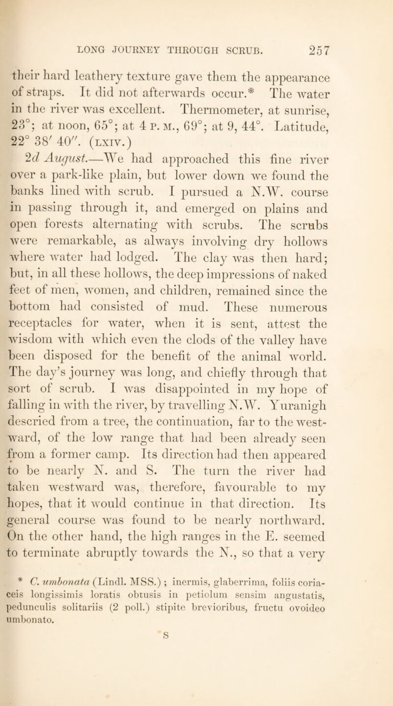 their hard leathery texture gave them the appearance of straps. It did not afterwards occur.* The water in the river was excellent. Thermometer, at sunrise, 28°; at noon, 65°; at 4 p. m., 69°; at 9, 44°. Latitude, 22° 38' 40. (lxiv.) 2cl August.—We had approached this line river over a park-like plain, but lower down we found the banks lined with scrub. I pursued a N.W. course in passing through it, and emerged on plains and open forests alternating with scrubs. The scrubs were remarkable, as always involving dry hollows where water had lodged. The clay was then hard; but, in all these hollows, the deep impressions of naked feet of men, women, and children, remained since the bottom had consisted of mud. These numerous receptacles for water, when it is sent, attest the wisdom with which even the clods of the valley have been disposed for the benefit of the animal world. The day’s journey was long, and chiefly through that sort of scrub. I was disappointed in my hope of falling in with the river, by travelling N.W. Yuranigh descried from a tree, the continuation, far to the west¬ ward, of the low range that had been already seen from a former camp. Its direction had then appeared to be nearly N. and S. The turn the river had taken westward was, therefore, favourable to my hopes, that it would continue in that direction. Its general course was found to be nearly northward. On the other hand, the high ranges in the E. seemed to terminate abruptly towards the N., so that a very * C. umbonata (Lindl. MSS.) ; inermis, glaberrima, foliis coria- ceis longissimis loratis obtusis in petiolum sensim angustatis, pedunculis solitariis (2 poll.) stipite brevioribus, fructu ovoideo urabonato. S