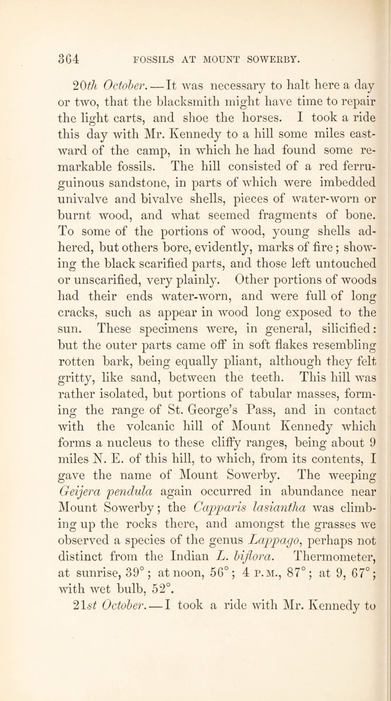 3G4 FOSSILS AT MOUNT SOWERBY. 20th October..— It was necessary to halt here a day or two, that the blacksmith might have time to repair the light carts, and shoe the horses. I took a ride this day with Mr. Kennedy to a hill some miles east¬ ward of the camp, in which he had found some re¬ markable fossils. The hill consisted of a red ferru- guinous sandstone, in parts of which were imbedded univalve and bivalve shells, pieces of water-worn or burnt wood, and what seemed fragments of bone. To some of the portions of wood, young shells ad¬ hered, but others bore, evidently, marks of fire ; show¬ ing the black scarified parts, and those left untouched or unscarified, very plainly. Other portions of woods had their ends water-worn, and were full of long cracks, such as appear in wood long exposed to the sun. These specimens were, in general, silicified: but the outer parts came off in soft flakes resembling rotten bark, being equally pliant, although they felt gritty, like sand, between the teeth. This hill was rather isolated, but portions of tabular masses, form¬ ing the range of St. George’s Pass, and in contact with the volcanic hill of Mount Kennedy which forms a nucleus to these cliffy ranges, being about 9 miles X. E. of this hill, to which, from its contents, I gave the name of Mount Sowerby. The weeping Geijera pendula again occurred in abundance near Mount Sowerby; the Camparis lasiantha was climb¬ ing up the rocks there, and amongst the grasses we observed a species of the genus Lappago, perhaps not distinct from the Indian L. biflora. Thermometer, at sunrise, 39°; at noon, 56°; 4 p.m., 87°; at 9, 67°; with wet bulb, 52°.