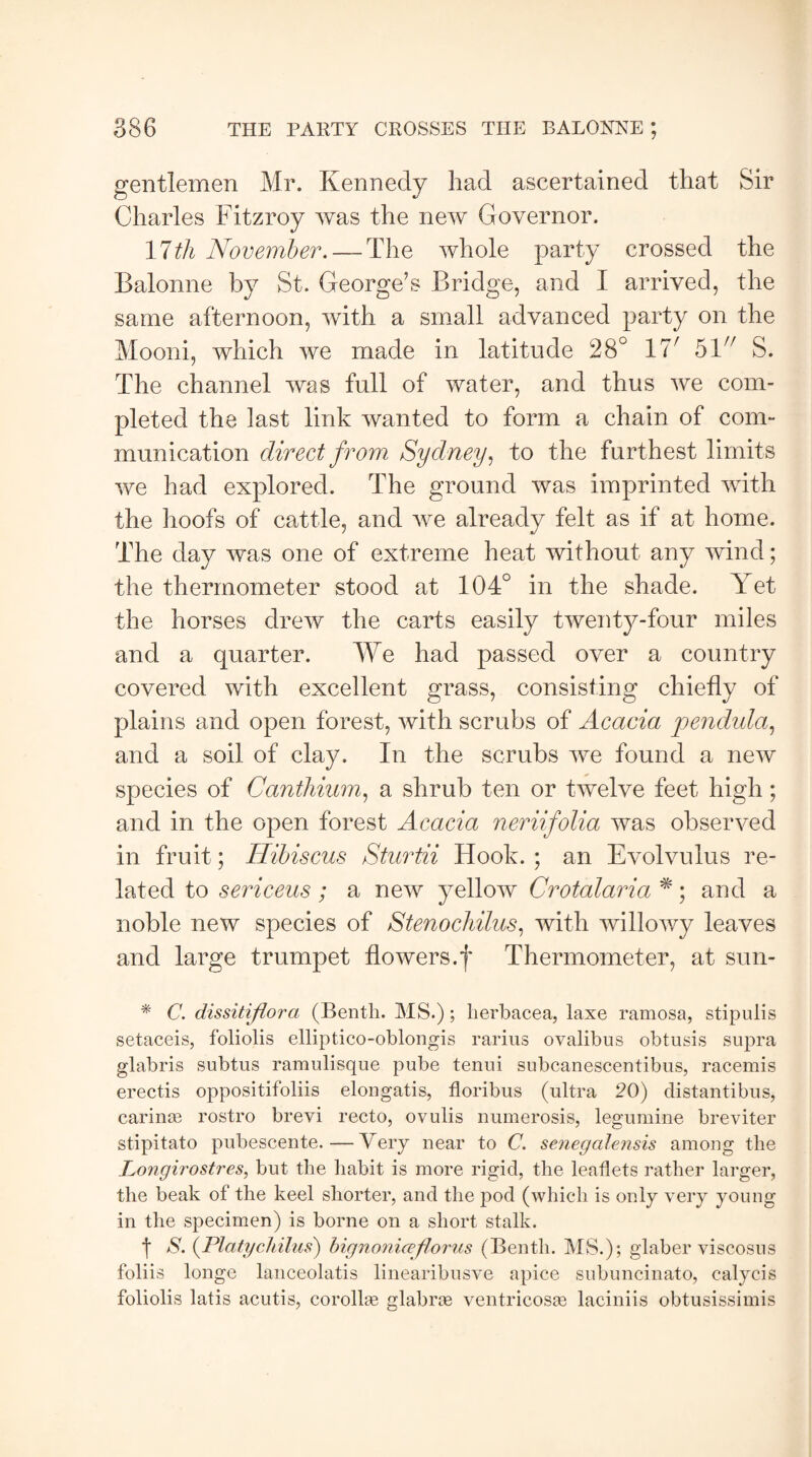 gentlemen Mr. Kennedy had ascertained that Sir Charles Fitzroy was the new Governor. 17th November. — The whole party crossed the Balonne by St. George’s Bridge, and I arrived, the same afternoon, with a small advanced party on the Mooni, which we made in latitude 28° 17' 51 S. The channel was full of water, and thus we com¬ pleted the last link wanted to form a chain of com¬ munication direct from Sydney, to the furthest limits we had explored. The ground was imprinted with the hoofs of cattle, and we already felt as if at home. The day was one of extreme heat without any wind; the thermometer stood at 104° in the shade. Yet the horses drew the carts easily twenty-four miles and a quarter. We had passed over a country covered with excellent grass, consisting chiefly of plains and open forest, with scrubs of Acacia pendula, and a soil of clay. In the scrubs we found a new species of Canthium, a shrub ten or twelve feet high; and in the open forest Acacia neriifolia was observed in fruit; Hibiscus Sturtii Hook. ; an Evolvulus re¬ lated to sericeus; a new yellow Crotalaria *; and a noble new species of Stenochilus, with willowy leaves and large trumpet flowers.f Thermometer, at sun- * C. dissitiflora (Bentli. MS.); lierbacea, laxe ramosa, stipulis setaceis, foliolis elliptico-oblongis rarius ovalibus obtusis supra glabris subtus ramulisque pube tenui subcanescentibus, racemis erectis oppositifoliis elongatis, floribus (ultra 20) distantibus, carinse rostro brevi recto, ovulis liumerosis, legumine breviter stipitato pubescente.—Very near to C. Senegalensis among the Longirostres, but the habit is more rigid, the leaflets rather larger, the beak of the keel shorter, and the pod (which is only very young in the specimen) is borne on a short stalk. f S. (Platy chillis') big noniceflor us (Bentli. MS.); glaber viscosns foliis longe lanceolatis linearibusve apice subuncinato, ealycis foliolis latis acutis, corollas glabrae ventricosas laciniis obtusissimis