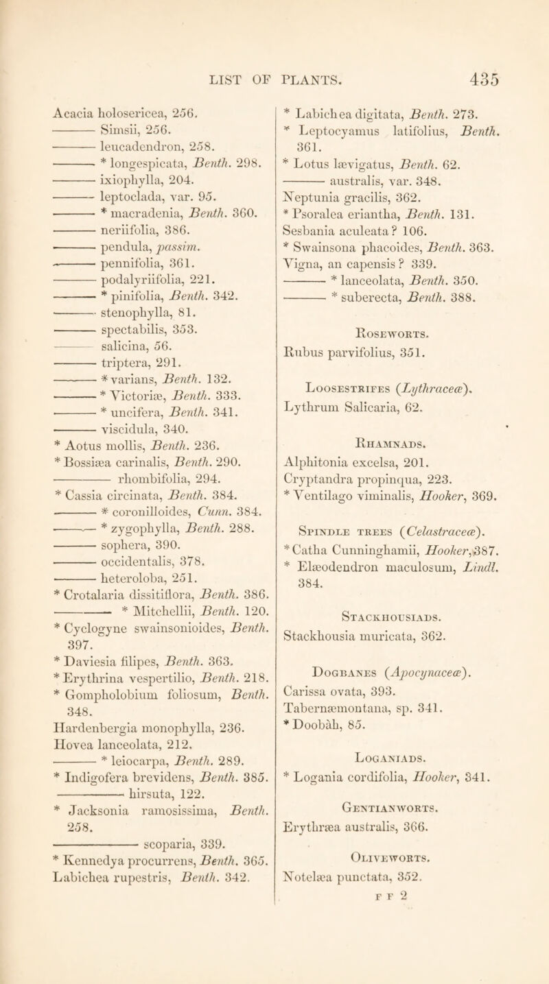 Acacia holosericea, 256. -Simsii, 256. ■ -leucadendron, 258. -- * longespicata, Benth. 298. -ixiopliylla, 204. - leptoclada, yar. 95. -* macradenia, Benth. 360. -neriifolia, 386. * -pendula, passim. ■ -pennifolia, 361. -podalyriifolia, 221. -* pinifolia, Benth. 342. -stenopliylla, 81. -spectabilis, 353. - salicina, 56. -triptera, 291. -*varians, Benth. 132. -* Victorias, Benth. 333. -* uncifera, Benth. 341. -viscidula, 340. * Aotus mollis, Benth. 236. * Bossiaea carinalis, Benth. 290. -rliombifolia, 294. * Cassia circinata, Benth. 384. --* coronilloides, Cunn. 384. ---— * zygophylla, Benth. 288. -sophera, 390. -occidentalis, 378. -lieteroloba, 251. * Crotalaria dissitiflora, Benth. 386. -— * Mitchellii, Benth. 120. * Cyclogyne swainsonioides, Benth. 397. * Daviesia filipes, Benth. 363. *Erytlirina vespertilio, Benth. 218. * Gompholobium foliosum, Benth. 348. Ilardenbergia monophylla, 236. Hovea lanceolata, 212. -* leiocarpa, Benth. 289. * Indigofera brevidens, Benth. 385. -hirsuta, 122. * Jacksonia ramosissima, Benth. 258. -scoparia, 339. * Kennedya procurrens, Benth. 365. Labichea rupestris, Benth. 342. * Labichea digitata, Benth. 273. * Leptocyamus latifolius, Benth. 361. * Lotus lasvigatus, Benth. 62. -australis, var. 348. ISTeptunia gracilis, 362. * Psoralea eriantha, Benth. 131. Sesbania aculeata ? 106. * Swainsona phacoides, Benth. 363. Vigna, an capensis ? 339. -* lanceolata, Benth. 350. -* suberecta, Benth. 388. Bose w orts. Rubus parvifolius, 351. Loosestrifes (Lythracece). Lythrum Salicaria, 62. Rhamnads. Alphitonia excelsa, 201. Cryptandra propinqua, 223. * Ventilago viminalis, Hooker, 369. Spindle trees (Celastracece). *Catka Cunninghamii, Hooker,<387. * Elaeodendron maculosum, Lindl. 384. Stackiiousiads. Stackhousia muricata, 362. Dogbanes (Apocynacece). Carissa ovata, 393. Tabernasmontana, sp. 341. * Doobah, 85. Loganiads. * Logania cordifolia, Hooker, 341. Gentianworts. Erytlirasa australis, 366. Oliveworts. Notelsea punctata, 352. F F 2