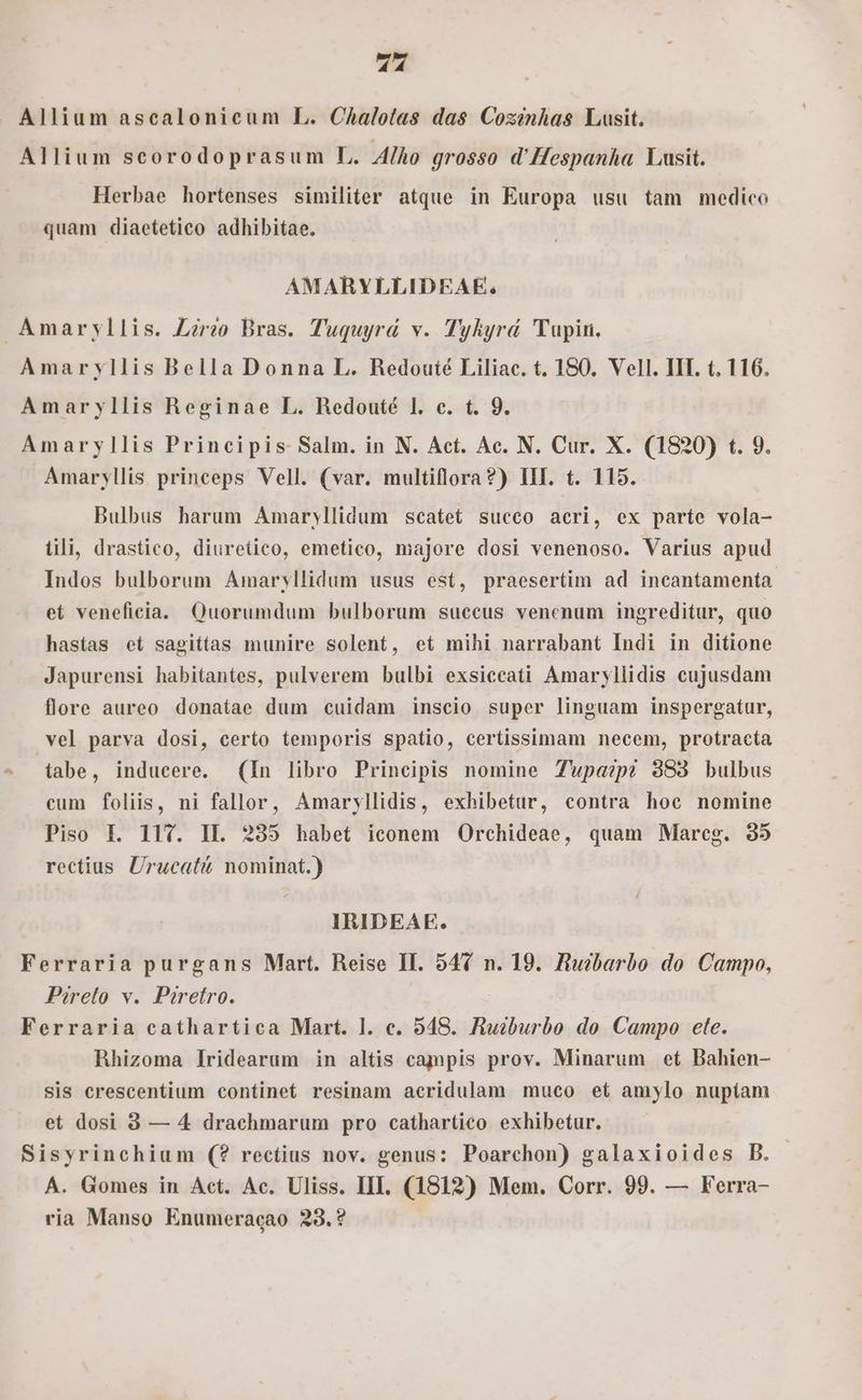riri Allium ascalonicum L. Chalotas das Cozinhas Lusit. Allium scorodoprasum L. A/Ao grosso d'Hespanha Lusit. Herbae hortenses similiter atque in Europa usu tam medico quam diaetetico adhibitae. AMARYLLIDEAE; Amaryllis. Lrioe Bras. Tuquyrá v. Tyhyrd 'Tupin, Amaryllis Bella Donna L. Redouté Liliac. t. 180. Vell. IIT. t. 116. Amaryllis Reginae L. Redouté l. c. t. 9. Amaryllis Principis Salm. in N. Act. Ac. N. Cur. X. (1820) t. 9. Amaryllis princeps Vell. (var. multiflora?) III. t. 115. Bulbus harum Amaryllidum scatet succo acri, ex parte vola- tili, drastico, diuretico, emetico, majore dosi venenoso. Varius apud Indos bulborum Amaryllidum usus est, praesertim ad incantamenta. et veneficia. Quorumdum bulborum sueeus venenum ingreditur, quo hastas et sagittas munire solent, et mihi narrabant Indi in ditione Japurensi habitantes, pulverem bulbi exsiccati Amaryllidis cujusdam flore aureo donatae dum cuidam inscio super linguam inspergatur, vel parva dosi, certo temporis spatio, certissimam necem, protracía tabe, inducere. (In libro Principis nomine Tupa?ep? 3838 bulbus cum foliis, ni fallor, Amaryllidis, exhibetur, contra hoe nomine Piso IL. 117. IL. 235 babet iconem Orchideae, quam Mareg. 95 rectius Ürucatt; nominat.) IBIDEAE. Ferraria purgans Mart. Reise II. 54( n. 19. Huzbarbo do Campo, Pirelo v. Piretro. Ferraria cathartica Mart. l. c. 548. Ruzburbo do Campo ete. Rhizoma lridearum in altis campis prov. Minarum et Bahien- sis crescentium continet resinam acridulam muco et amylo nuptam et dosi 8 — 4 drachmarum pro cathartico exhibetur. Sisyrinchium (? rectius nov. genus: Poarchon) galaxioides B. | A. Gomes in Act. Ac. Uliss. III. (1812) Mem. Corr. 99. — Ferra- ria Manso Enumeracao 23.?