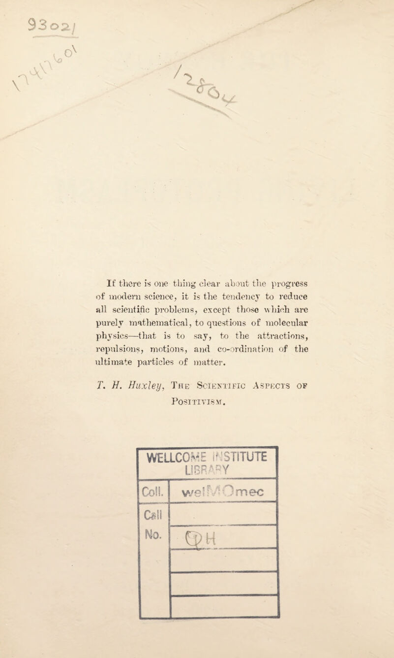 Oc If there is one thing clear about the progress of modern science, it is the tendency to reduce all scientific problems, except those which are purely mathematical, to questions of molecular physics—that is to say, to the attractions, repulsions, motions, and co-ordination of the ultimate particles of matter. T. H. Huxley, The Scientific Aspects of Positivism. WELLCOME INSTITUTE LIBRARY Co!!. « P n iT\ we*T: ;:mec OH No. (pH