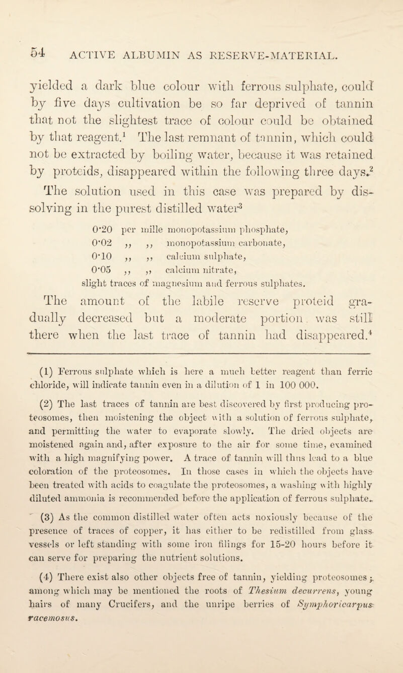 yielded a dark blue colour with ferrous sulphate, could by five days cultivation be so far deprived of tannin that not the slightest trace of colour could be obtained by that reagent.1 The last remnant of tnnnin, which could not be extracted by boiling water, because it was retained by proteids, disappeared within the following three days-2 The solution used in this case was prepared by dis¬ solving in the purest distilled water3 0’20 per mille monopotassium phosphate, 0'02 ,, ,, monopotassium carbonate, 0T0 ,, ,, calcium sulphate, 0'05 ,, ,, calcium nitrate, slight traces of magnesium and ferrous sulphates. The amount of the labile reserve proteid gra¬ dually decreased but a moderate portion was still there when the last trace of tannin had disappeared.4 (1) Ferrous sulphate which is here a much letter reagent than ferric chloride, will indicate tannin even in a dilution of 1 in 100 000. (2) The last traces of tannin are best discovered by first producing pro- teosomes, then moistening the object with a solution of ferrous sulphate, and permitting the water to evaporate slowly. The dried objects are moistened again and, after exposure to the air for some time, examined with a high magnifying power. A trace of tannin will thus lead to a blue coloration of the proteosomes. In those cases in which the objects have been treated with acids to coagulate the proteosomes, a washing with highly diluted ammonia is recommended before the application of ferrous sulphate- (3) As the common distilled water often acts noxiously because of the presence of traces of copper, it has either to be redistilled from glass- vessels or left standing with some iron filings for 15-20 hours before it can serve for preparing the nutrient solutions. (4) There exist also other objects free of tannin, yielding proteosomes;. among which may be mentioned the roots of Thesium decurrens, young hairs of many Crucifers, and the unripe berries of Symjphoricarpus raeemosus.