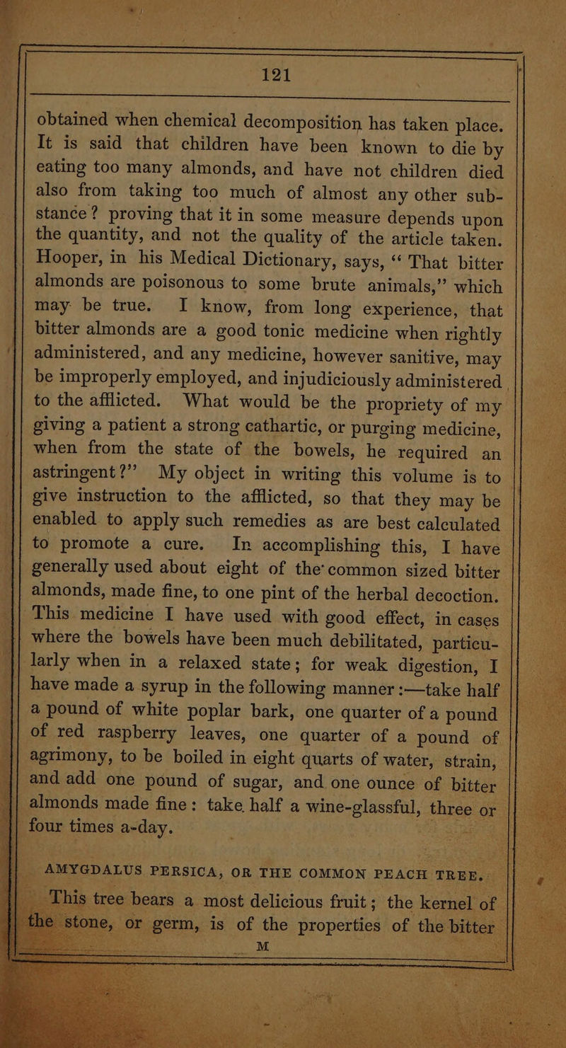 = neereeeeeee obtained when chemical decomposition has taken place. It is said that children have been known to die by eating too many almonds, and have not children died also from taking too much of almost any other sub- stance? proving that it in some measure depends upon the quantity, and not the quality of the article taken. Hooper, in his Medical Dictionary, says, ‘ That bitter almonds are poisonous to some brute animals,’’ which may be true. I know, from long experience, that bitter almonds are a good tonic medicine when rightly ‘|| administered, and any medicine, however sanitive, may be improperly employed, and injudiciously administered | to the afflicted. What would be the propriety of my | giving a patient a strong cathartic, or purging medicine, when from the state of the bowels, he required an . astringent?” My object in writing this volume is to i give instruction to the afflicted, so that they may be : enabled to apply such remedies as are best calculated || {| to promote a cure. In accomplishing this, I have || generally used about eight of the:common sized bitter | || almonds, made fine, to one pint of the herbal decoction, || This medicine I have used with good effect, in cases ‘}| where the bowels have been much debilitated, particu-_ || larly when in a relaxed state; for weak digestion, I | have made a syrup in the following manner :—take half || a pound of white poplar bark, one quarter of a pound || ‘|| of red raspberry leaves, one quarter of a pound of |} ‘|| agrimony, to be boiled in eight quarts of water, strain, |} 19 and add one pound of sugar, and one ounce of bitter | almonds made fine: take half a wine-glassful, three or four times a-day. eae AMYGDALUS PERSICA, OR THE COMMON PEACH TREE, his tree bears a most delicious fruit; the kerne. one, or germ, is of the properties of the bitte + M wai