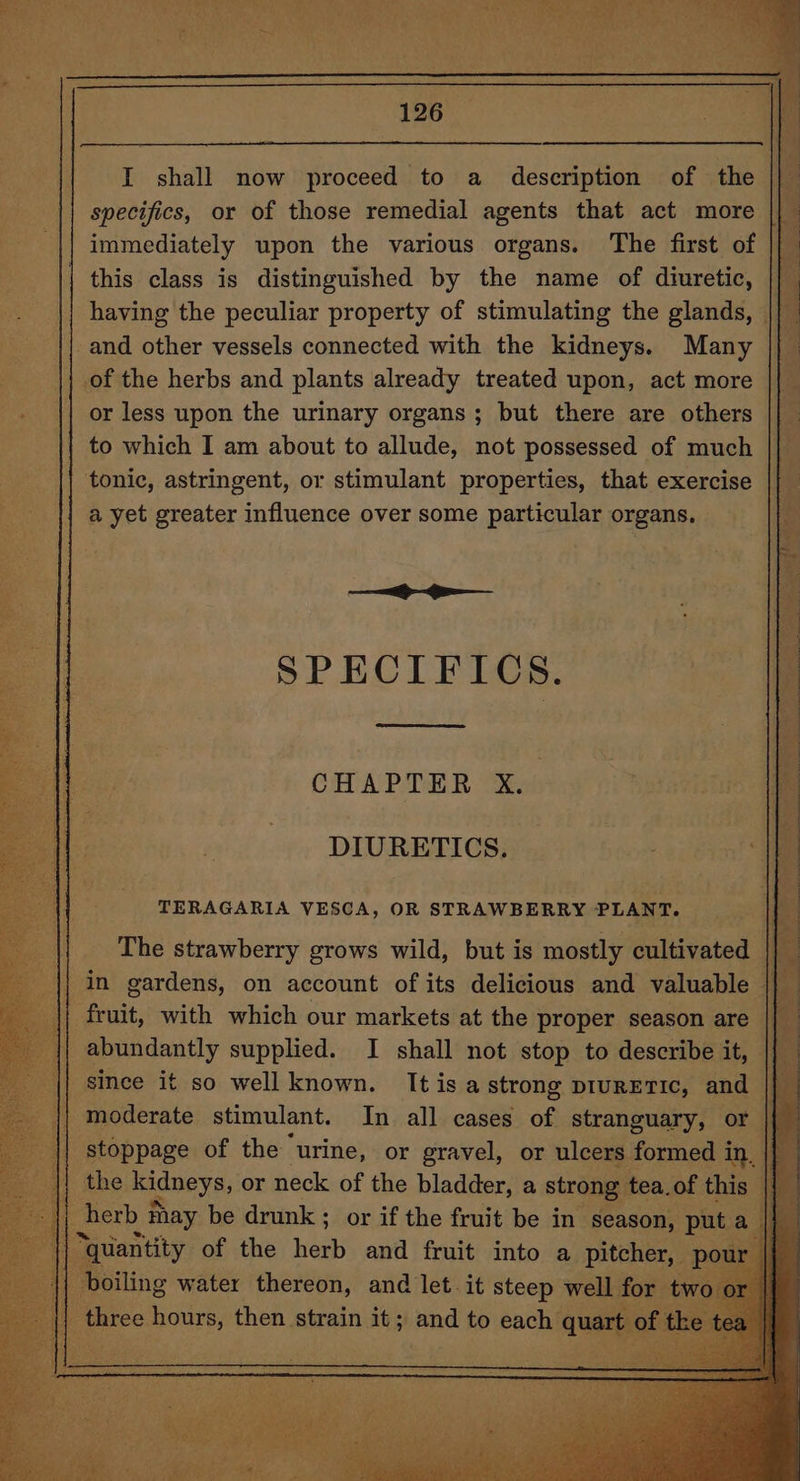 I shall now proceed to a description of the |} specifics, or of those remedial agents that act more || immediately upon the various organs. The first of this class is distinguished by the name of diuretic, || having the peculiar property of stimulating the glands, || and other vessels connected with the kidneys. Many of the herbs and plants already treated upon, act more or less upon the urinary organs ; but there are others to which I am about to allude, not possessed of much tonic, astringent, or stimulant properties, that exercise a yet greater influence over some particular organs. —>—— SPECIFICS. CHAPTER X. DIURETICS. TERAGARIA VESCA, OR STRAWBERRY PLANT. The strawberry grows wild, but is mostly cultivated || in gardens, on account of its delicious and valuable || | fruit, with which our markets at the proper season are || abundantly supplied. I shall not stop to describe it, || since it so well known. Itisa strong DIURETIC, and | ¥} _ moderate stimulant. In all cases of stranguary, or |} © stoppage of the urine, or gravel, or ulcers formed in, || the Kidneys, or neck of the bladder, a strong | tea. of this herb &amp; ) may be drunk ; or if the fruit be in season, puta Wuantity of the hyip and fruit into a pitcher, pou oiling water thereon, and let it steep well f ! pare. hours, then strain it; and to each quart oh.