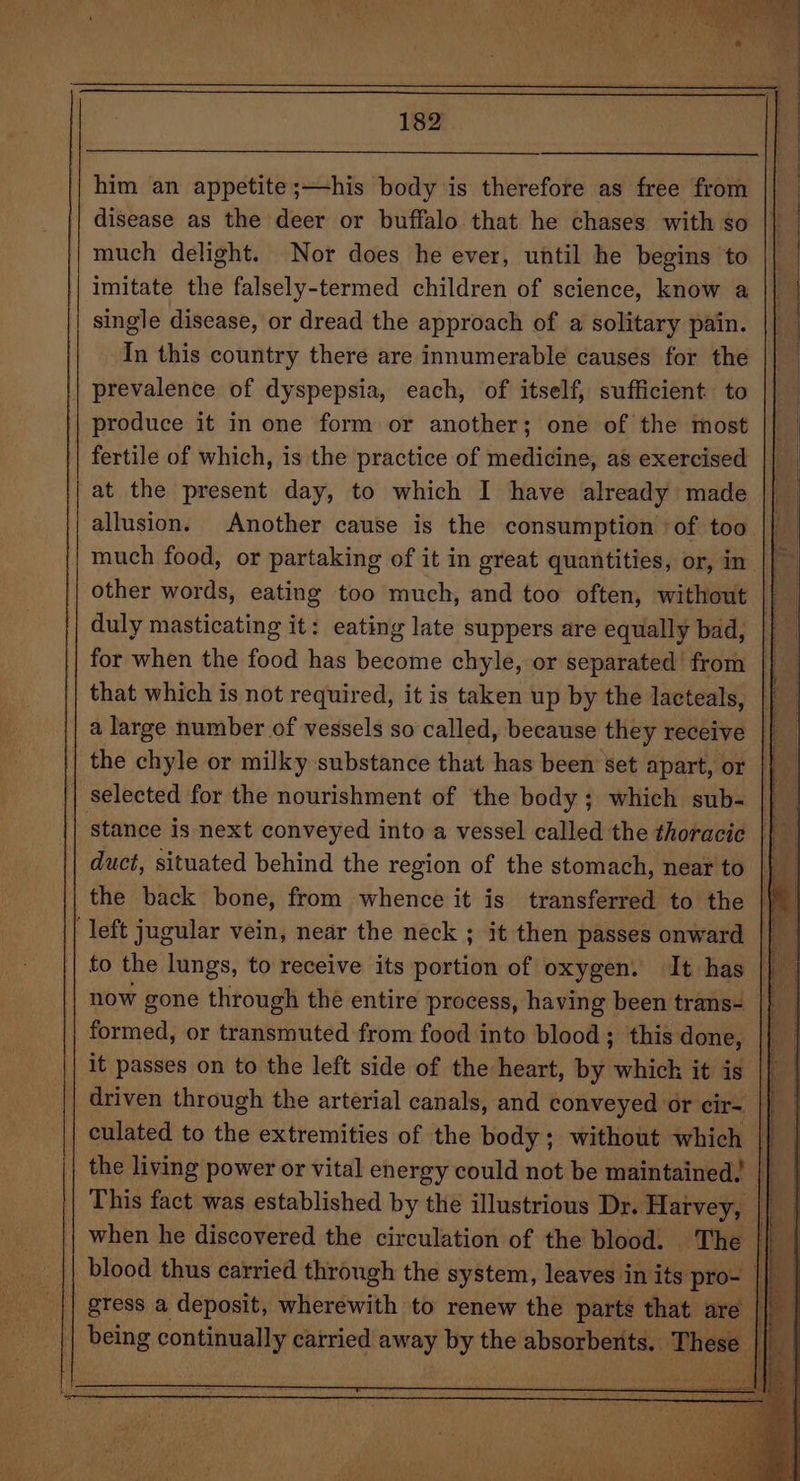 him an appetite;—his body is therefore as free from disease as the deer or buffalo that he chases with so much delight. Nor does he ever, until he begins to imitate the falsely-termed children of science, know a single disease, or dread the approach of a solitary pain. In this country there are innumerable causes for the | prevalence of dyspepsia, each, of itself, sufficient to produce it in one form or another; one of the most fertile of which, is the practice of medicine, as exercised at the present day, to which I have already made allusion. Another cause is the consumption ‘of too || much food, or partaking of it in great quantities, or, in | other words, eating too much, and too often, without | duly masticating it: eating late suppers are equally bad, || for when the food has become chyle, or separated’ from |} that which is not required, it is taken up by the lacteals, | a large number of vessels so called, because they receive | hb | the chyle or milky substance that has been set apart, or | Fy | selected for the nourishment of the body; which sub- a stance is next conveyed into a vessel called the thoracic 1) duct, situated behind the region of the stomach, near to |} the back bone, from whence it is transferred to the | left jugular vein, near the neck ; it then passes onward |} to the lungs, to receive its portion of oxygen. It has i | now gone through the entire process, having been trans- |} formed, or transmuted from food into blood; this done, || it passes on to the left side of the heart, by whick it is || | driven through the arterial canals, and conveyed or cir- ie culated to the extremities of the body; without which |} _ the living power or vital energy could not be maintained, || | This fact was established by the illustrious Dr. Harvey, ia when he discovered the circulation of the blood. The | blood thus carried through the system, leaves in its pro- | | gress a deposit, wherewith to renew the parts that are | being continually carried away by the absorbents. These |