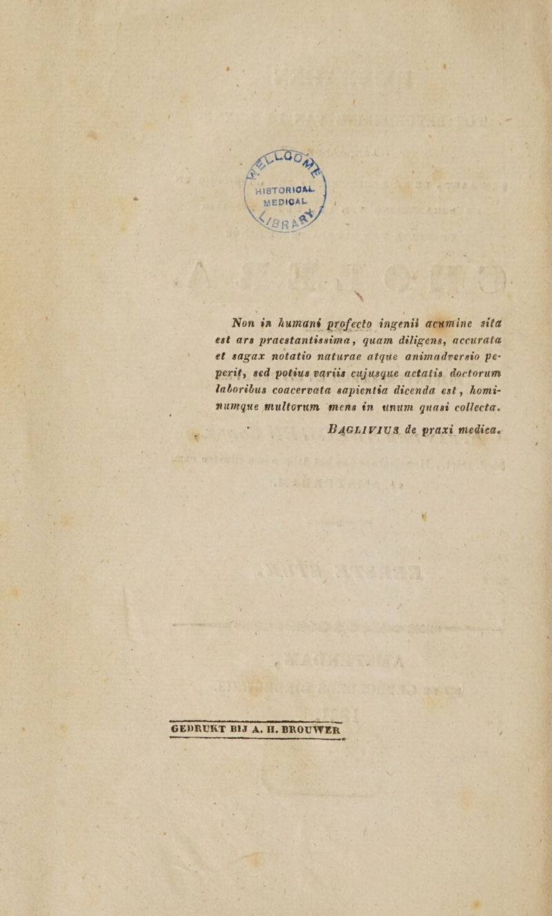 RAN |_HISTORIGM- Non in humans profecto ingenië acumine sita est ars praestantissima, quam diligens, accurata et sagar notatio naturae atque animadversio pe- perit, sed potius vartis cujusgque actatis doctorum laboribus coacervata eaptentia dicenda est, homd- numgque multorum mens én unum quasi collecta. BAGLIVvIUS de praxì medica. Knnnetmnenninemmtetehamentsste omstan mmm nemen ee GEDRUKT BIJ A. H‚, BROUWER mmm rn
