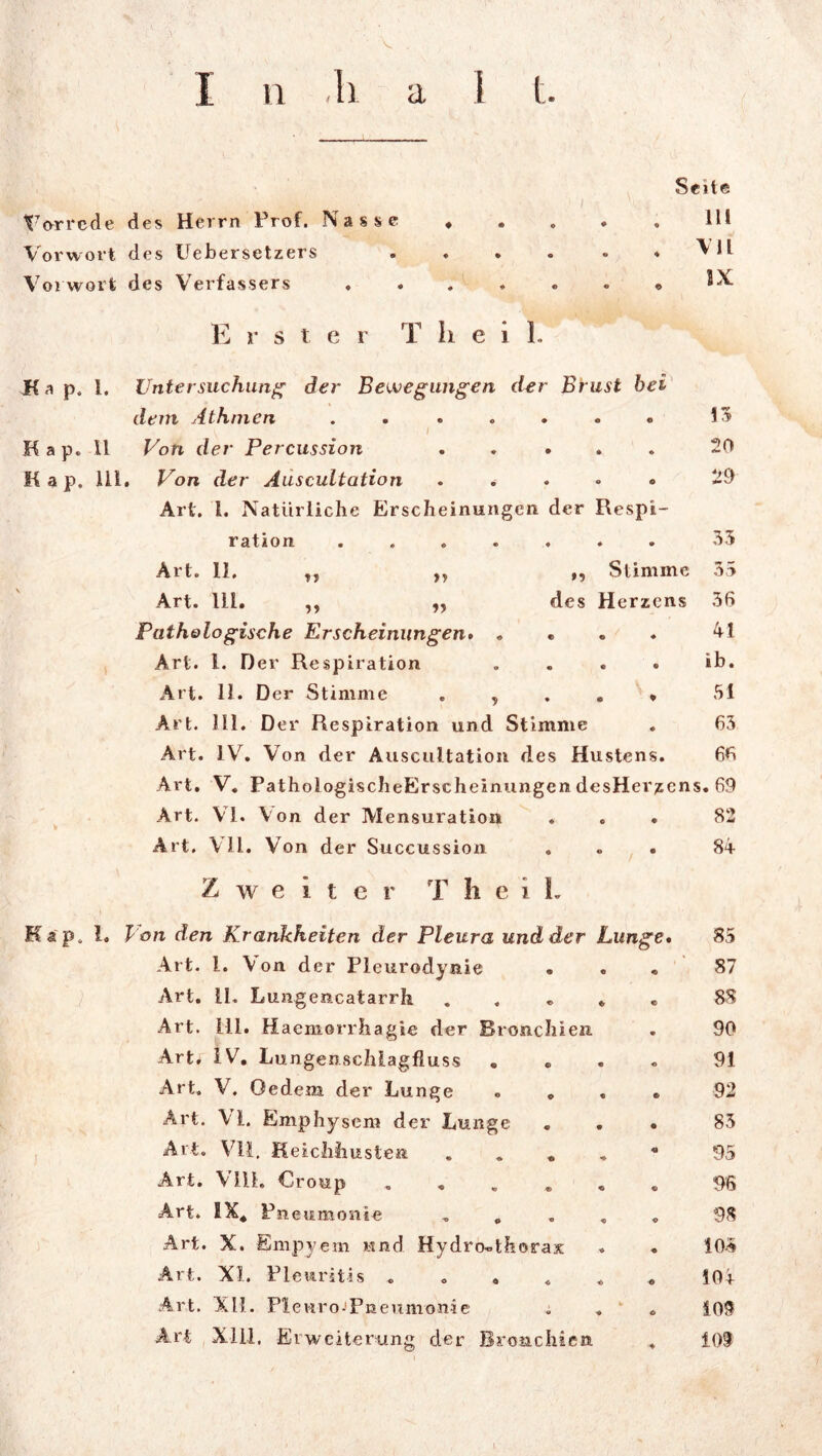 I A. I ,b 1 t. Vorrede des Herrn Prof. Nasse ♦ Vorwort des Uebersetzers Vorwort des Verfassers E r s t e r T h Seile Ui VH IX e i i. Kap. Ul. Ka p. 1. Untersuchung der Bewegungen der Brust bei dein Athmen ...... « i / Map. 11 Von der Percussion ..... Von der Auscultation ..... Art. 1. Natürliche Erscheinungen der Respi- ration ....... Art. 11. Art. lii. Pathologische Erscheinungen> .... Art. i. Der Respiration .... Art. 11. D er Stimme . ? * Art. Hl. Der Respiration und Stimme . Art. IV. Von der Auscultation des Hustens. •n y> ,, Stimme des Herzens 13 20 29 33 35 36 41 ib. 51 63 66 Art. V. PathologischeErschelnungen desHerjsens. 69 Art. VI. Von der Mensuration • • 82 Art. V 11. Von der Succussio« . • / • 84 Zweite r T hei!. T on den Krankheiten der Pleura und der Lun ge. 85 Art. 1. Von der Pleurodynie « 87 Art. 11. Lungencatarrh * 88 Art. Ul. Haemorrhagie der Bronchien • 90 Art* IV. Lungenschlagfluss • « 91 Art. V. Gedem der Lunge . . e> 92 Art. \ 1. Emphysem der Lunge • • 83 Art. VII, Keicliliusten ... « 95 Art. Vlll. Croup . . « © 96 Art. IX* Pneumonie ... D m Art. X. Empyem und HydroUhorax * « 10-5 Art. XL Pleuritis .... © 6 104 Art. XII. Piewro-'Pneumon-ie : b ♦ O 109 Art Xlll, Erweiterung der Bronchien ♦ 10§