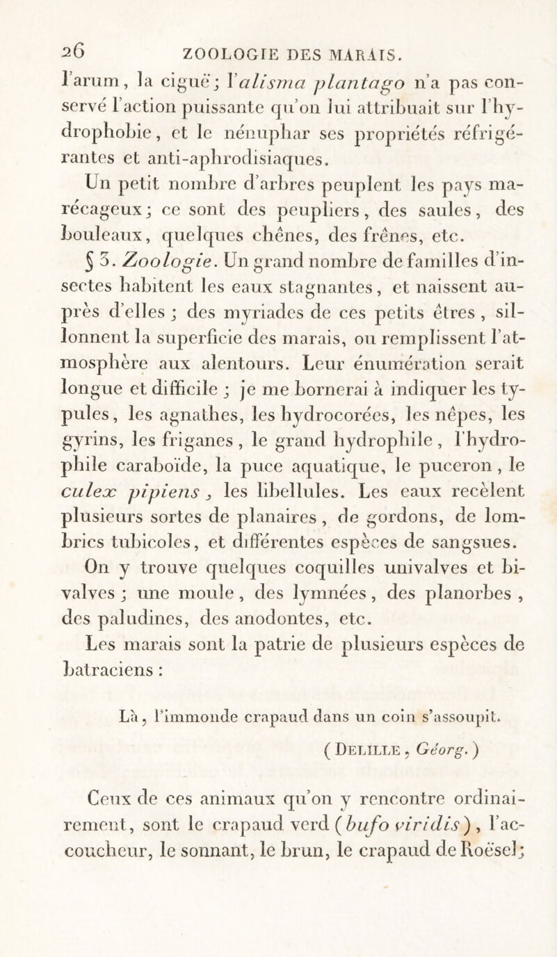 1 arum, la ciguë; Xalisnia plantago na pas con¬ serve l’action puissante qu’on lui attribuait sur l’by- clrophobie, et le nénuphar ses propriétés réfrigé¬ rantes et anti-aphrodisiaques. Un petit nombre d’arbres peuplent les pays ma¬ récageux; ce sont des peupliers, des saules, des bouleaux, quelques chênes, des frênes, etc. § 5. Zoologie. Un grand nombre de familles d’in¬ sectes habitent les eaux stagnantes, et naissent au¬ près d’elles ; des myriades de ces petits êtres , sil¬ lonnent la superficie des marais, ou remplissent l’at¬ mosphère aux alentours. Leur énumération serait longue et difficile ; je me bornerai a indiquer les ty- pules, les agnathes, les hydrocorées, les nêpes, les gyrins, les friganes , le grand hydrophile , l’hydro¬ phile caraboïde, la puce aquatique, le puceron , le culeæ pipiens ^ les libellules. Les eaux recèlent plusieurs sortes de planaires, de gordons, de lom¬ brics tubicoles, et différentes espèces de sangsues. On y trouve quelques coquilles univalves et bi¬ valves ; une moule, des lymnées, des planorbes , des paludines, des anodontes, etc. Les marais sont la patrie de plusieurs espèces de batraciens : Là, l^immoiide crapaud dans un coin s’assoupit. ( Delille . Géorg. ) Ceux de ces animaux qu’on y rencontre ordinai¬ rement, sont le crapaud verd (hiifo ^nridis) , l’ac¬ coucheur, le sonnant, le brun, le crapaud de Roësel;