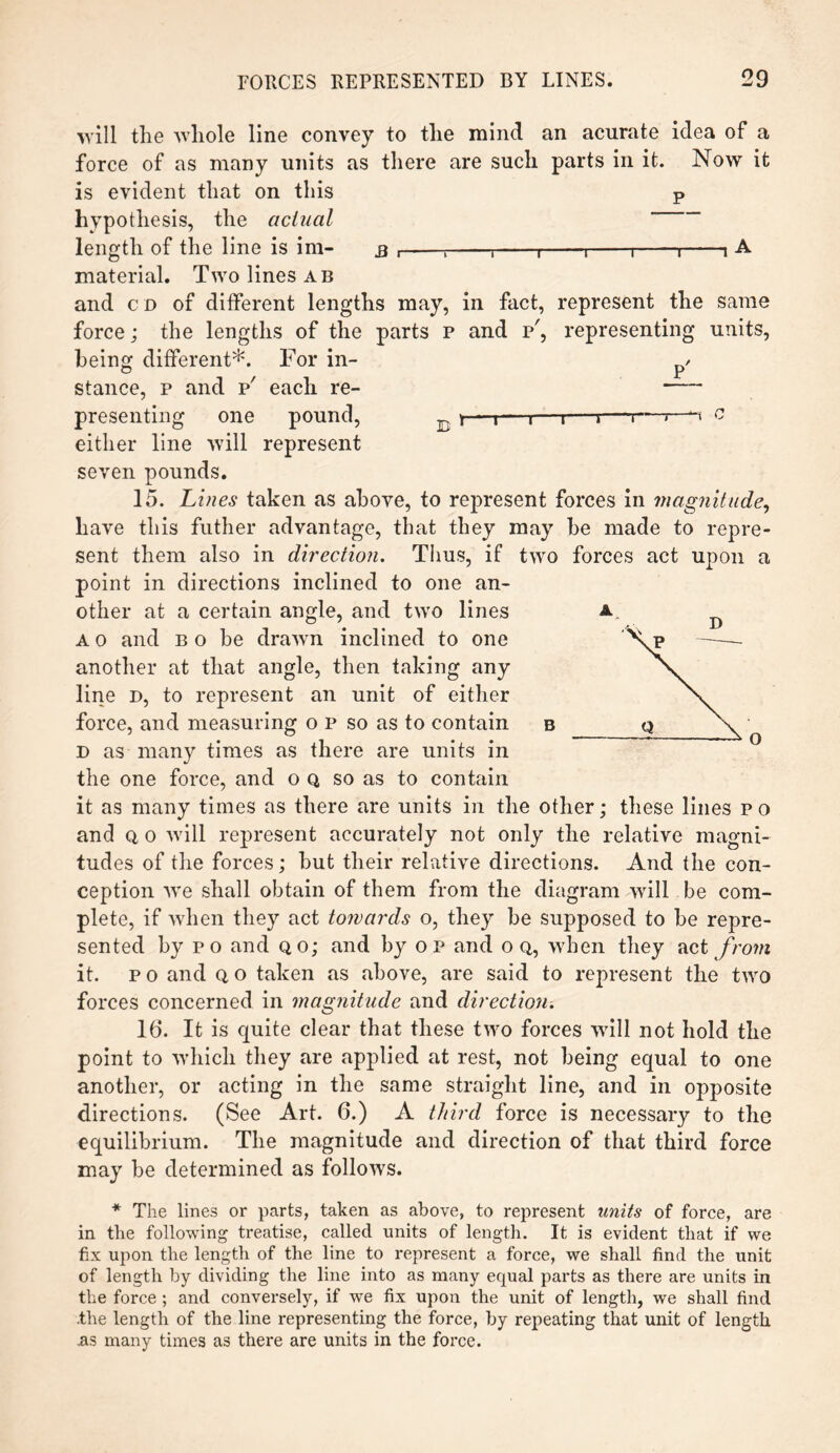 will the whole line convey to the mind an acurate idea of a force of as many units as there are such parts in it. Now it is evident that on this P hypothesis, the actual length of the line is im- 5 r-T-,-,-,-1-1-1 A material. Two lines a b and c d of different lengths may, in fact, represent the same force; the lengths of the parts p and p', representing units, being different*. For in- / stance, p and p' each re- *- presenting one pound, t—1—,—1—j—r—1—c either line will represent seven pounds. 15. Lines taken as above, to represent forces in magnitude, have this father advantage, that they may be made to repre¬ sent them also in direction. Thus, if two forces act upon a point in directions inclined to one an¬ other at a certain angle, and two lines a 0 and b o be drawn inclined to one another at that angle, then taking any line d, to represent an unit of either force, and measuring o P so as to contain D as many times as there are units in the one force, and o q so as to contain it as many times as there are units in the other; these lines p 0 and Q, 0 will represent accurately not only the relative magni¬ tudes of the forces; hut their relative directions. And the con¬ ception we shall obtain of them from the diagram will be com¬ plete, if when they act towards o, they be supposed to be repre¬ sented by po and qo; and by o p and o q, when they net from it. p 0 and q o taken as above, are said to represent the two forces concerned in magnitude and direction. 16. It is quite clear that these two forces will not hold the point to which they are applied at rest, not being equal to one another, or acting in the same straight line, and in opposite directions. (See Art. 6.) A third force is necessary to the equilibrium. The magnitude and direction of that third force may be determined as follows. * The lines or parts, taken as above, to represent units of force, are in the following treatise, called units of length. It is evident that if we fix upon the length of the line to represent a force, we shall find the unit of length by dividing the line into as many equal parts as there are units in the force ; and conversely, if we fix upon the unit of length, we shall find the length of the line representing the force, by repeating that unit of length as many times as there are units in the force. o