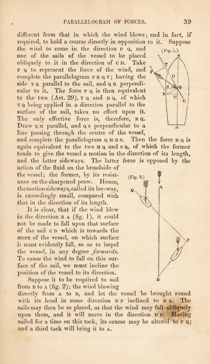 » (Fig. 2.) different from that in which the wind blows; and in fact, if required, to hold a course directly in opposition to it. Suppose the wind to come in the direction p q, and ^Fig one of the sails of the vessel to he placed obliquely to it in the direction of c d. Take p q to represent the force of the wind, and complete the parallelogram prqt; having the side t q parallel to the sail, and q r perpendi¬ cular to it. The force p q is then equivalent to the two (Art. 29), t q and r q, of which t q being applied in a direction parallel to the surface of the sail, takes no effect upon it. The only effective force is, therefore, R Q. Draw q m parallel, and q, s perpendicular to a line passing through the centre of the vessel, and complete the parallelogram q, m r s. Then the force r q is again equivalent to the two M q, and s q, of which the former tends to give the vessel a motion in the direction of its length, and the latter sidewrays. The latter force is opposed by the action of the fluid on the broadside of the vessel; the former, by its resist¬ ance on the sharpened prow. Hence, the motion sideways, called its lee-wav, q , is exceedingly small, compared with that in the direction of its length. It is clear, that if the wind blew in the direction b a (fig. 1), it could not be made to fall upon that surface of the sail c d which is towards the stern of the vessel, on which surface it must evidently fall, so as to impel the vessel, in any degree forivcirds. To cause the wind to fall on this sur¬ face of the sail, we must incline the position of the vessel to its direction. Suppose it to be required to sail from B to a (fig. 2); the wind blowing directly from a to b, and let the vessel be brought round with its head in some direction b p inclined to b a. The , ' *v- sails may then be so placed, as that the wind may fall obliquely upon them, and it will move in the direction B p. Having sailed for a time on this tack, its course may be altered to P q; and a third tack will bring it to a. m