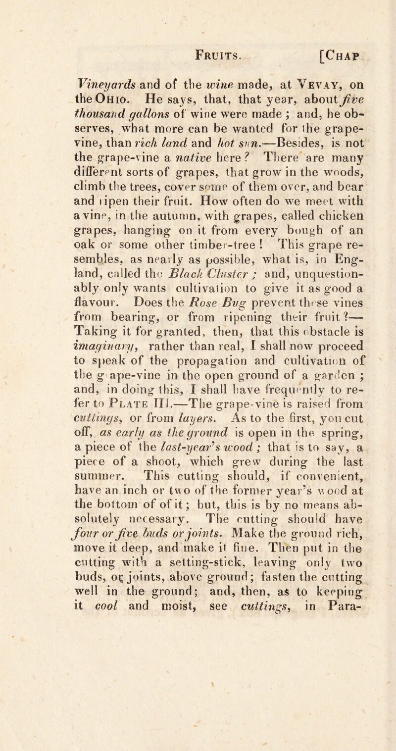 Vineyards and of tbe wine, made, at Vevay, on the Ohio. He says, that, that year, about^^;e thousand gallons of wine were made ; and, he ob- serves, what more can be wanted for the grape- vine, than rich land and hot snn.~—Besides, is not the grape-vine a native here ? There are many different sorts of grapes, that grow in the woods, climb the trees, cover some of them over, and bear and lipen their fruit. How often do we meet with a vine, in the autumn, with grapes, called chicken grapes, hanging on it from every bough of an oak or some other timbee-tree ! This grape re- sembles, as nearly as possible, what is, in Eng- land, called the Black Cluster ; and, unquestion- ably only wants cultivation to give it as good a flavour. Does the Rose Bug prevent these vines from bearing, or from ripening their fruit ?— Taking it for granted, then, that this obstacle is imaginary, rather than real, 1 shall now proceed to S|)eak of the propagation and cultivation of the g ape-vine in the open ground of a garden ; and, in doing this, I shall have frequently to re- fer to Plate III.—The grape-vine is raised from cuttings, or from layers. As to the first, you cut off, as early as the ground is open in the spring, a piece of the last-yeaCs wood ; that is to say, a piece of a shoot, which grew during the last summer. This cutting should, if convenient, have an inch or two of the former year’s v ood at the bottom of of it; but, this is by no means ab- solutely necessary. The cutting should have four or Jive buds or joints. Make the ground rich, move it deep, and make it fine. Then pot in the cutting with a setting-stick, leaving only two buds, oj^ joints, above ground; fasten the cutting well in the ground; and, then, as to keeping it cool and moist, see cuttings, in Para-