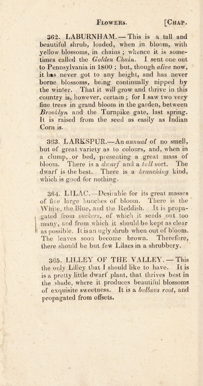 362. LABURNHAM. — This is a tall and beautiful shrub, loaded, when in bloom, with yellow blossoms, in chains ; whence it is some- times called the Golden Cham. I sent one out to Pennsylvania in 1800 ; but, though alive now, it h«,s never got to any height, and has never borne blossoms, being continually nipped by the winter. That it will grow and thrive in this Country is, however, certain ; for I saw two very fine trees in grand bloom in the garden, between Brooklyn and the Turnpike gate, last spring. It is raised from the seed as easily as Indian Corn is. 363. LARKSPUR.—An annual of no smell, but of great variety as to colours, and, when in a clump,.or bed, presenting a great mass of bloom. There is a divarf and a lull sort. The dwarf is the best. There is a branching kind, which is good for nothing. 364! LILAC.—Desirable for its great masses of fine large bunches of bloom. There is the White, the Blue, and the Reddish. It is propa- gated from Slickers, of which it sends out loo many, and from which it should be kept as clear as possible. It is an ugly shrub when out of bloom. The leaves soon become brown. Therefore, there should be but few Lilacs in a shrubbery. 365. LILLEY OF THE VALLEY. —This the only Lille}^ that I should like to have. It is is a pretty little dwarf plant, that thrives best in the shade, where it produces beautii'iil blossoms of exquisite sweetness. It is a bulbous root, and propagated from offsets.
