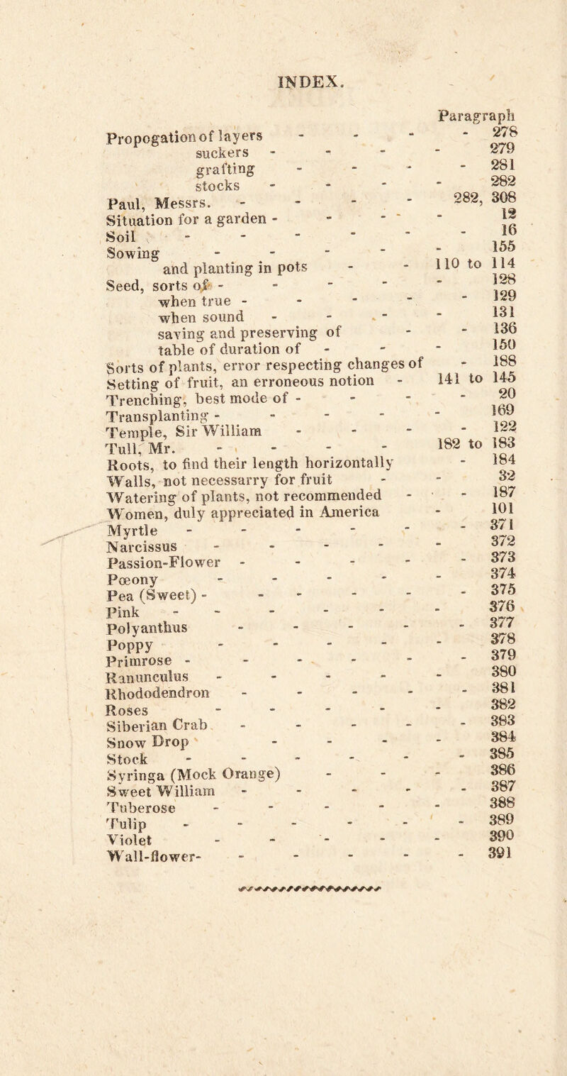 Propogationof layers - . - suckers - - - grafting stocks - - - Paul, Messrs. - - - ' Situation for a garden - Soil  Sowing - - ■ ■ and planting in pots Seed, sorts op - - - - when true - when sound saving and preserving of table of duration of - Sorts of plants, error respecting changes of Setting of fruit, an erroneous notion Trenching, best mode of- Transplanting - - - - Temple, Sir William Tull, Mr. - . - Roots, to find their length horizontally Walls, not necessarry for fruit Watering of plants, not recommended W omen, duly appreciated in America Myrtle - - - - - Narcissus - Passion-Flower . - - - Poeony _ . - - Pea (Sweet) - _ . . . Pink - - - - - Polyanthus . _ . - Poppy ... - Primrose - - - - - Ranunculus - - - - Rhododendron _ - - - Roses _ _ . - Siberian Crab - - - - Snow Drop . - - Stock _ - - - - Syringa (Mock Orange) Sweet William . - - - 'ruberose - - - - Tulip _ - - - - Violet Wall-dower- _ . - - Paragraph - 278 - 279 - 281 - 282 282, 308 • 12 . 16 - 155 no to 114 • 128 - 129 131 - 136 • 150 - 188 141 to 145 20 169 - 122 182 to 183 - 184 . 32 - 187 • 101 . 371 372 373 374 375 376 • 377 378 379 380 • 381 382 383 * 384 385 386 • 387 • 388 • 389 390 391