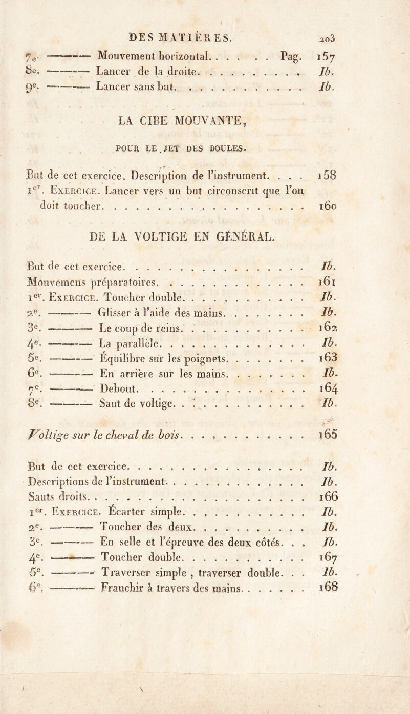 aoa DES MATIÈRES. 7e- Mouvement horizontal Pag. 157 8e. Lancer de la droite Ib. t)e- Lancer sans but îb, LA CIBE MOUVANTE? POUR LE. JET DES BOULES. Bat de cet exercice. Description de l’instrument. ... i58 ieI. Exercice. Lancer vers un but circonscrit que l’on, doit toucher. ,. 160 DE LA VOLTIGE EN GÉNÉRAL. But de cet exercice. . Ib. Mouvemens préparatoires 161 1e1'. Exercice. Toucher double Ib. 2e. G1 isser à l’aide des mains. . . . . . . . . Ib. 3e. —— Le coup de reins 162 4e- La parallèle Ib. 5e. —— Équilibre sur les poignets. ....... i63 6e. * En arrière sur les mains. ....... Ib. 7e. — — Debout, . . 164 8e. —— Saut de voltige. .1 Ib. J7oltige sur le cheval de bois. , . « i65 But de cet exercice. Ib. Descriptions de l’instrument Ib. Sauts droits 166 Ier. Exercice. Écarter simple. . Ib. 2.e. Toucher des deux. .......... Ib. 3e. En selle et l’épreuve des deux cotés. . . Ib. 4e. — Toucher double 167 5e. — Traverser simple , traverser double. . . Ib. 6e. Franchir à travers des mains. 16S