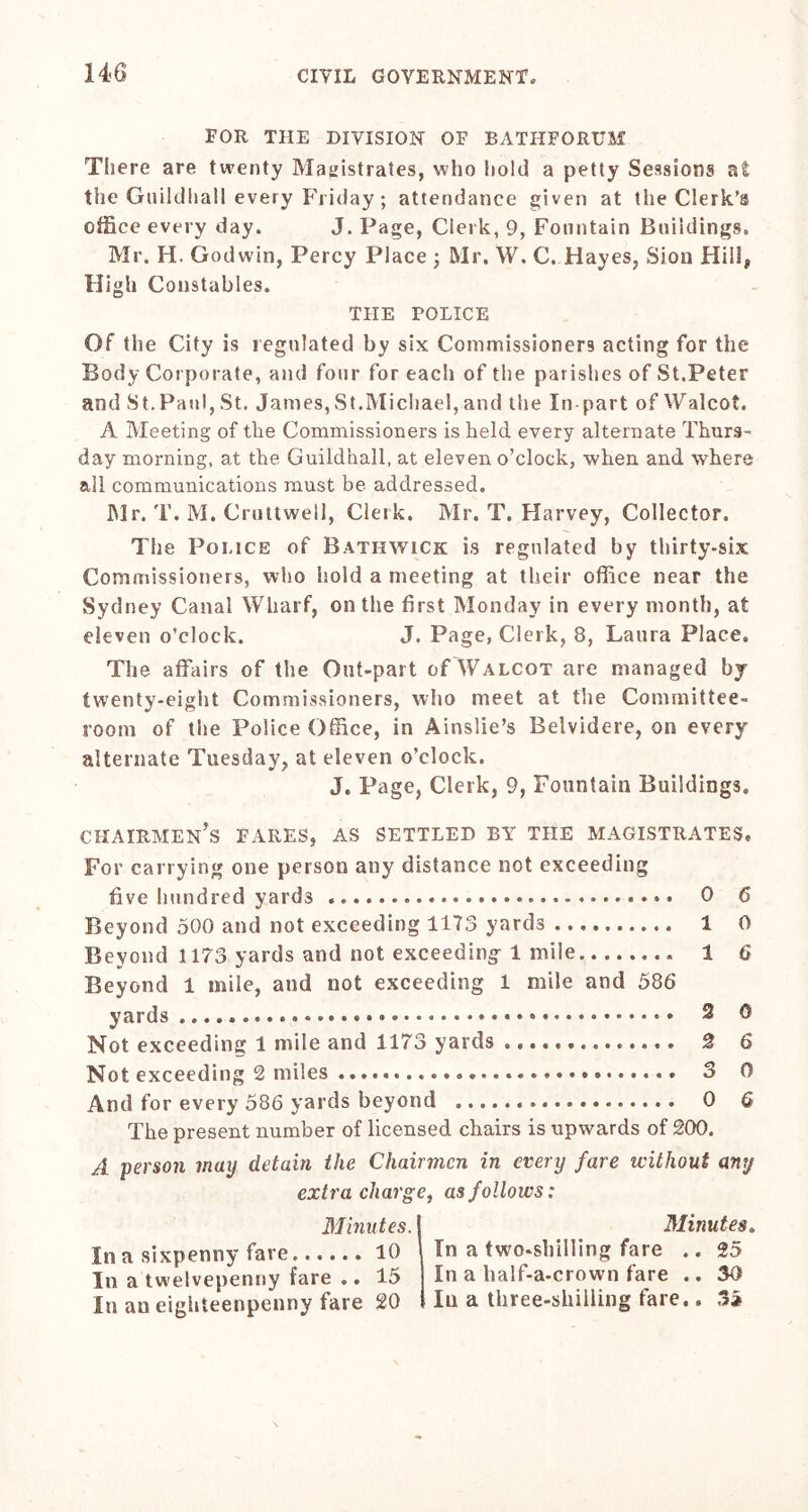 FOR THE DIVISION OF BATHFORUM There are twenty Magistrates, who hold a petty Sessions at the Guildhall every Friday; attendance given at the Clerk’s office every day. J. Page, Clerk, 9, Fountain Buildings. Mr. H. Godwin, Percy Place ; Mr. W. C. Hayes, Sion HilS, High Constables. THE POLICE Of the City is regulated by six Commissioners acting for the Body Corporate, and four for each of the parishes of St.Peter and St.Paul, St. James, St.Michael, and the In part of Walcot. A Meeting of the Commissioners is held every alternate Thurs- day morning, at the Guildhall, at eleven o’clock, when and where all communications must be addressed. Mr. T. M. Cruttwell, Clerk. Mr. T. Harvey, Collector. The Police of Batiiwick is regulated by thirty-six Commissioners, who hold a meeting at their office near the Sydney Canal Wharf, on the first Monday in every month, at eleven o’clock. J. Page, Clerk, 8, Laura Place. The affairs of the Out-part of'Walcot are managed by twenty-eight Commissioners, who meet at the Committee- room of the Police Office, in Ainslie’s Belvidere, on every alternate Tuesday, at eleven o’clock. J. Page, Clerk, 9, Fountain Buildings. chairmen’s fares, as settled by the magistrates. For carrying one person any distance not exceeding five hundred yards 0 6 Beyond 500 and not exceeding 1173 yards 1 0 Beyond 1173 yards and not exceeding 1 mile 1 6 Beyond 1 mile, and not exceeding 1 mile and 586 yards 2 0 Not exceeding 1 mile and 1173 yards 2 6 Not exceeding 2 miles 3 0 And for every 586 yards beyond 0 G The present number of licensed chairs is upwards of 200. A person may detain the Chairmen in every fare without any extra charge, as follows: Minutes. 1 Minutes. In a sixpenny fare 10 1 In a two-shilling fare .. 25 In a twelvepenny fare .. 15 In a half-a-crown fare .. 30 In au eighteenpenny fare 20 I Iu a three-shilling fare.. 35